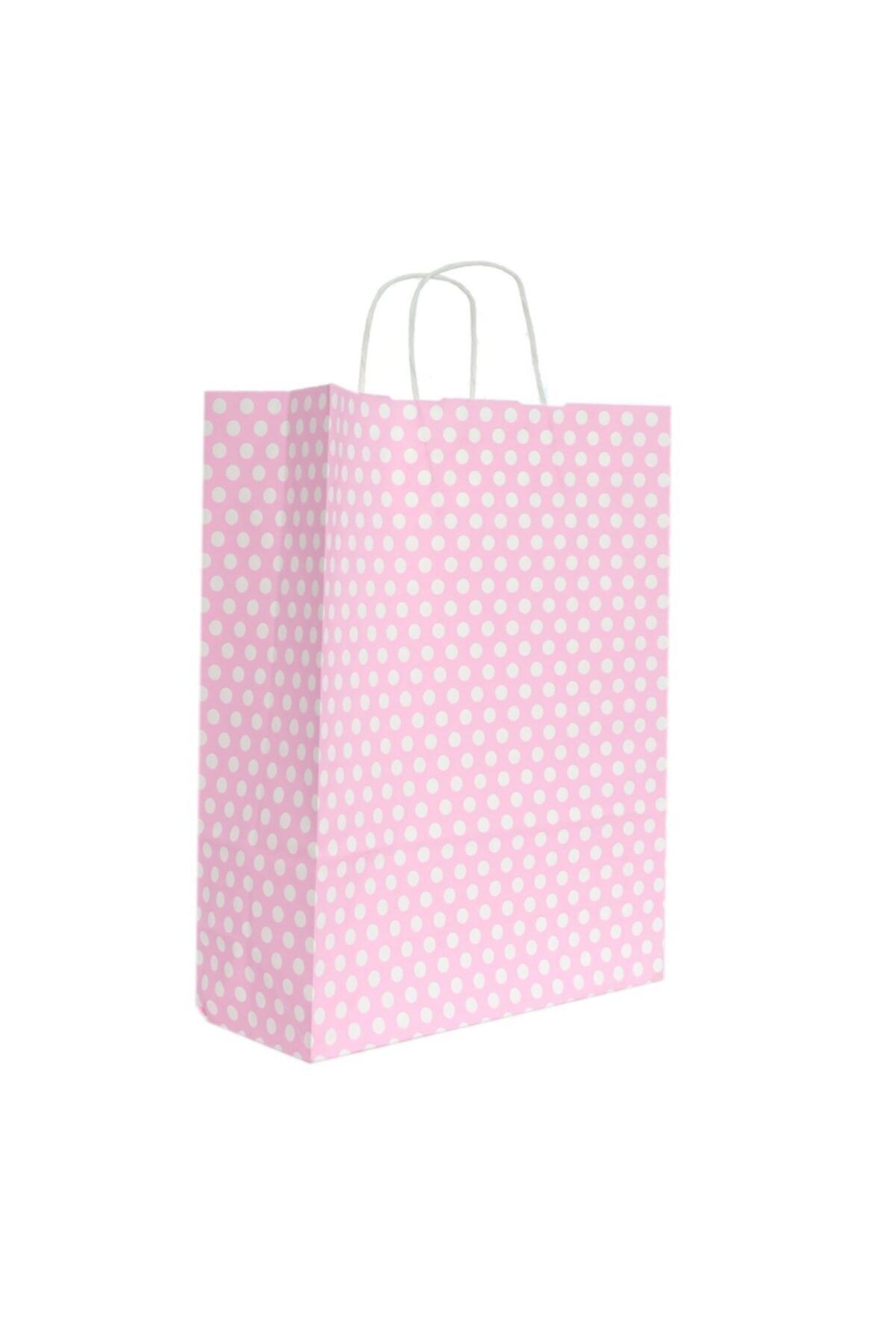 4YOUPACK 18*8*24 Burgu Saplı Pembe Puantiyeli Kraft Poşet - Çanta 20 Adet