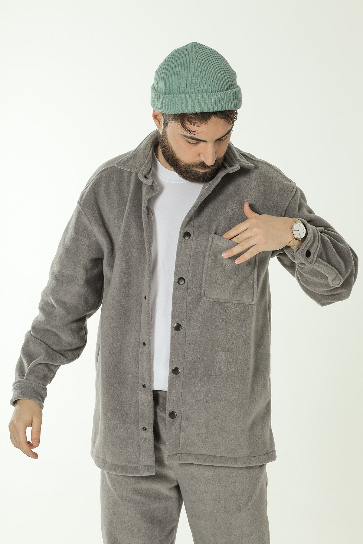 finchfabrics Unisex Gri Polar Oversize Gömlek