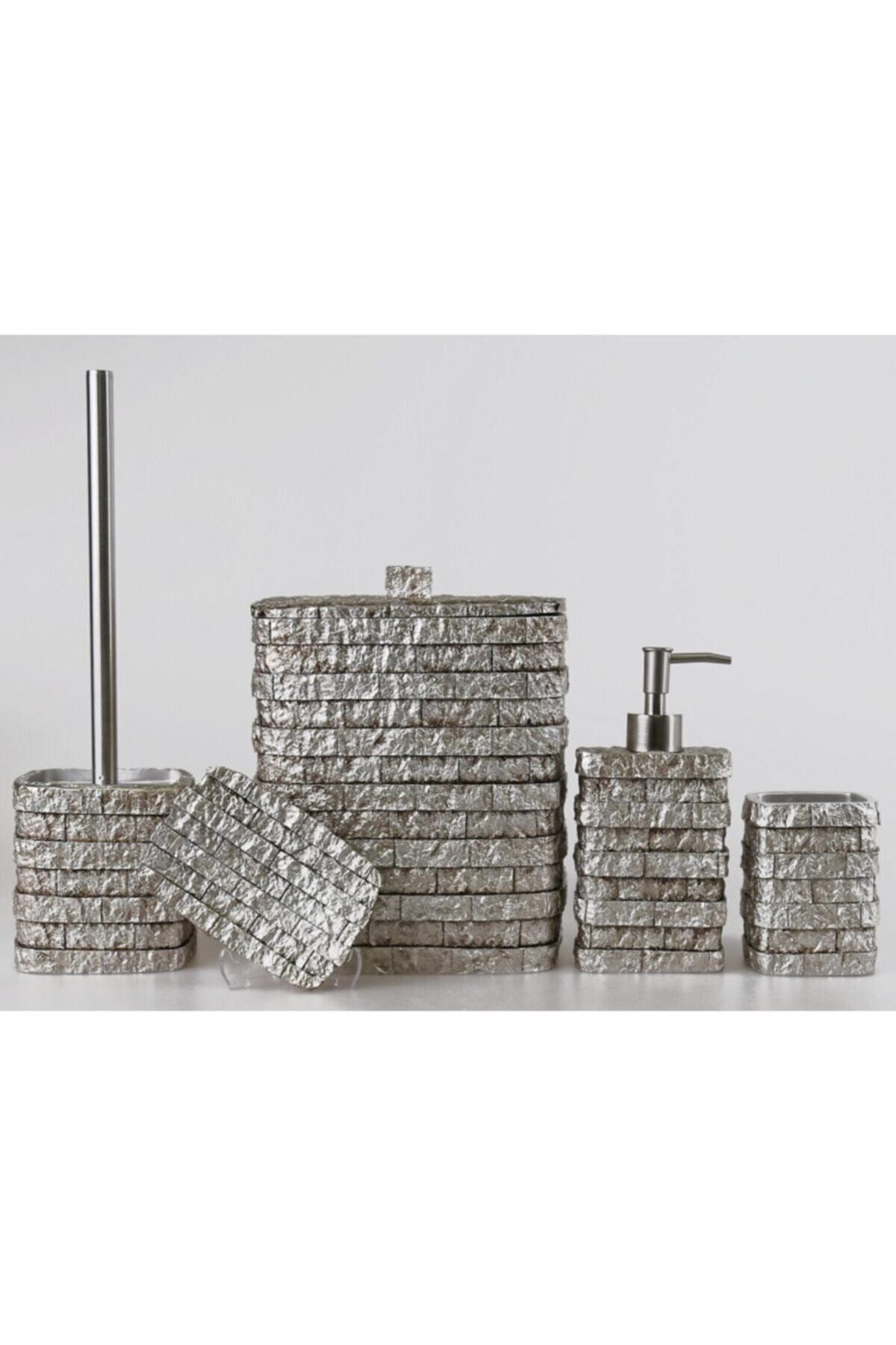 By Selim Home Stone Gümüş Polyester 5 Parça Banyo Seti