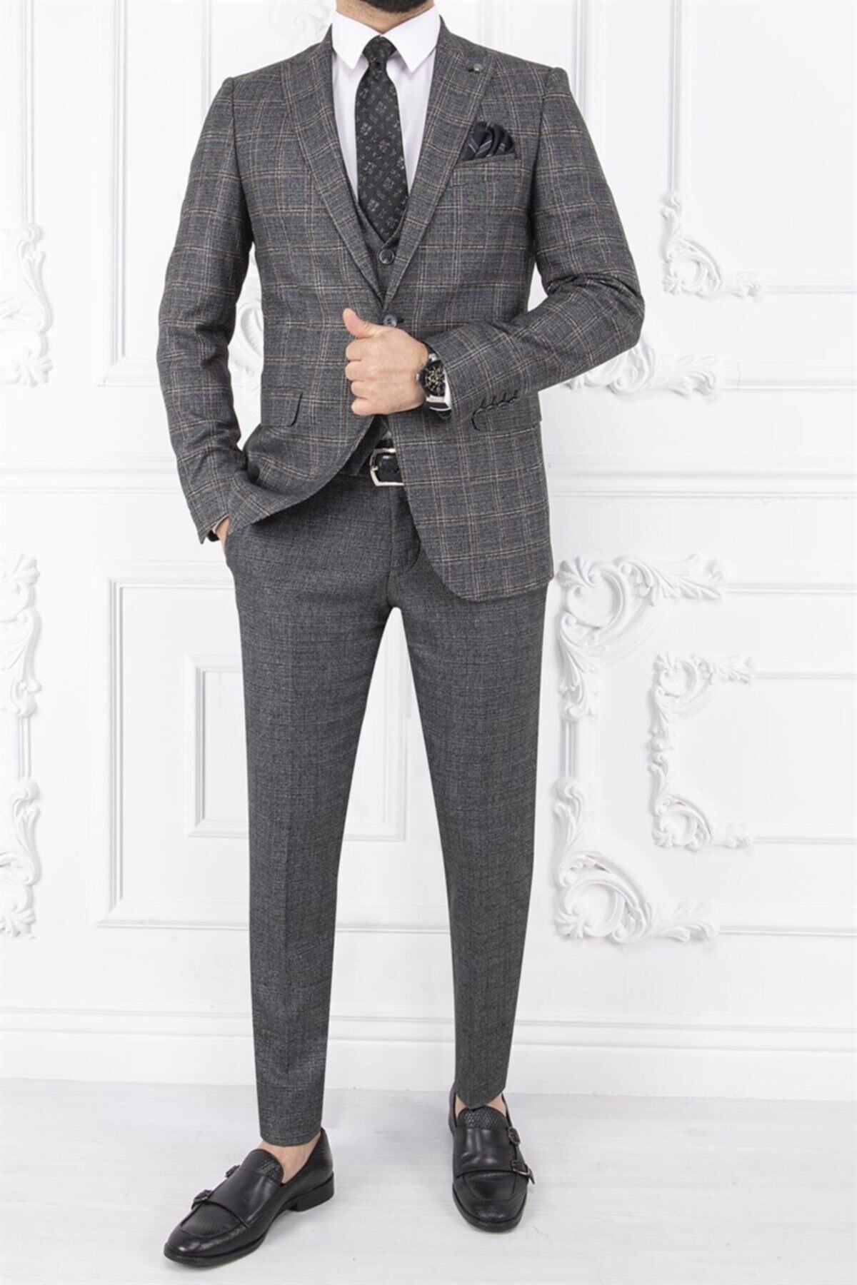 PACO ROMANO Erkek Slim Fit Sivri Yaka Ekose Yelekli Koyu Gri Kombin Takım Elbise