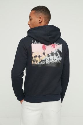 TRENDYOL MAN Lacivert Erkek Regular Fit Kapüşonlu Baskılı Sweatshirt TMNAW21SW0643