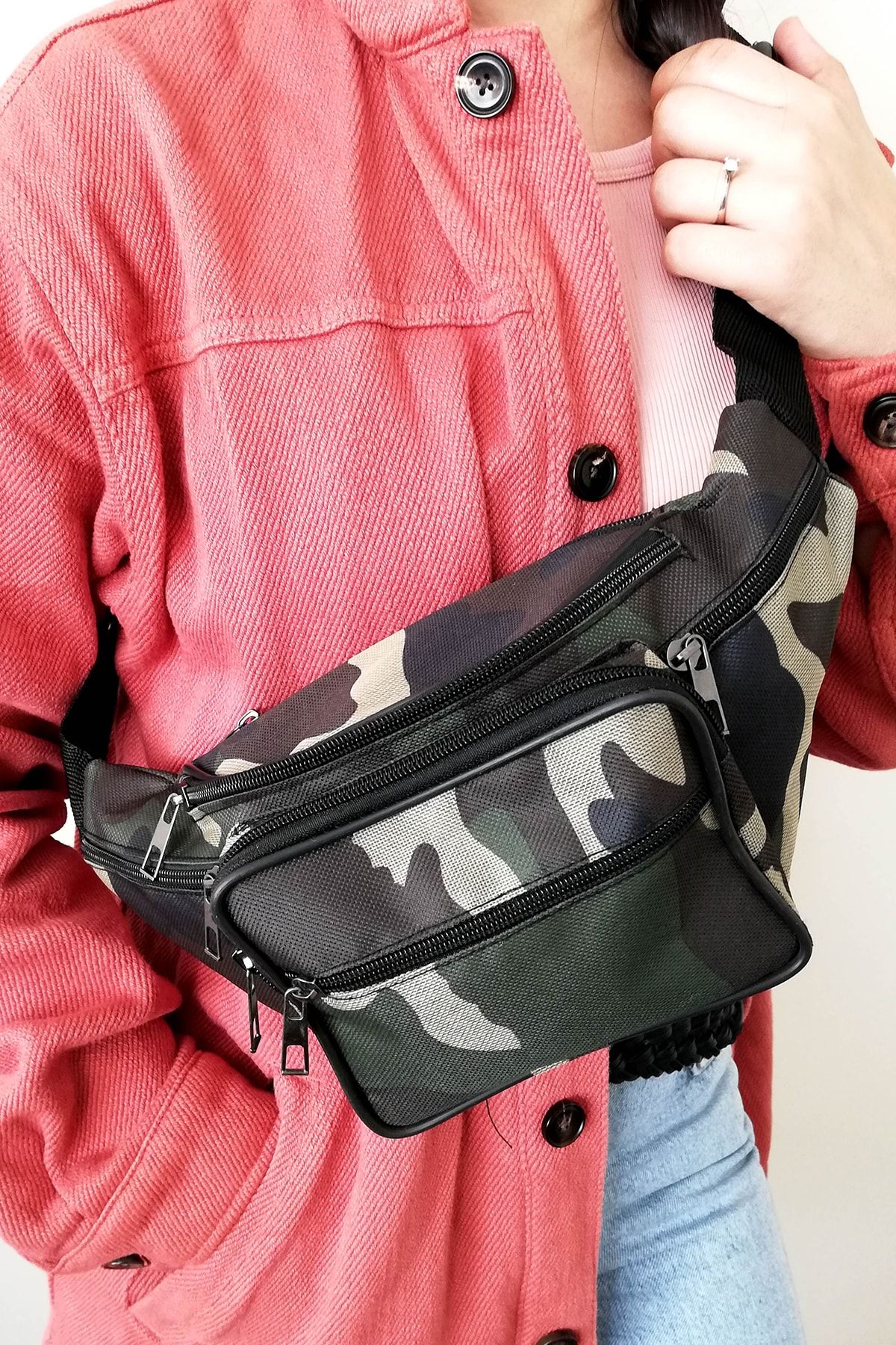 Cascades Leather Kamuflaj Desen Gizli Iç Cepli Geniş Hacimli Büyük Freebag Bez Bel Çantası