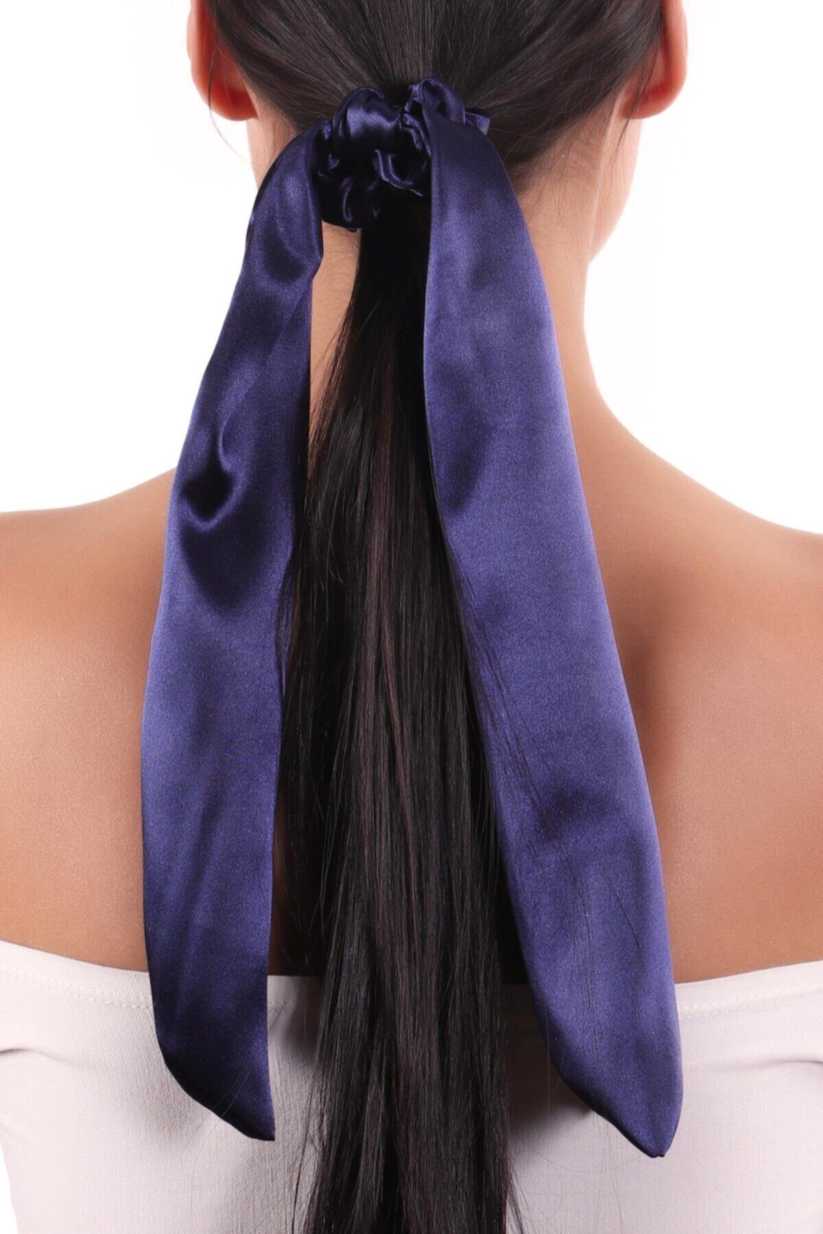 hahai accessories Hahai Kadın Uzun Kurdele Model Saten Scrunchie Toka