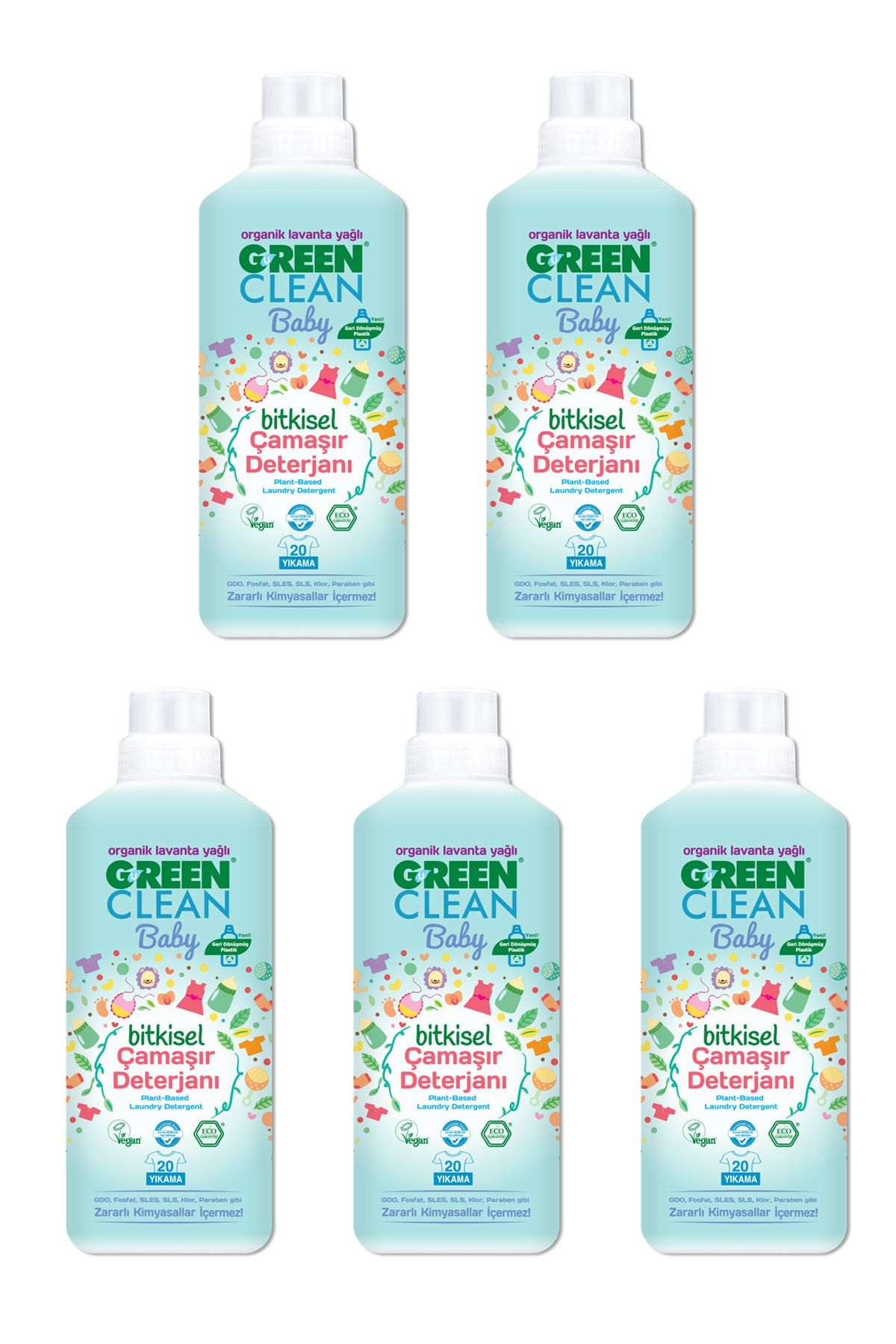 Green Clean Organik Lavanta Yağlı Baby Bitkisel Sıvı Çamaşır Deterjanı 1000 Ml 5'li