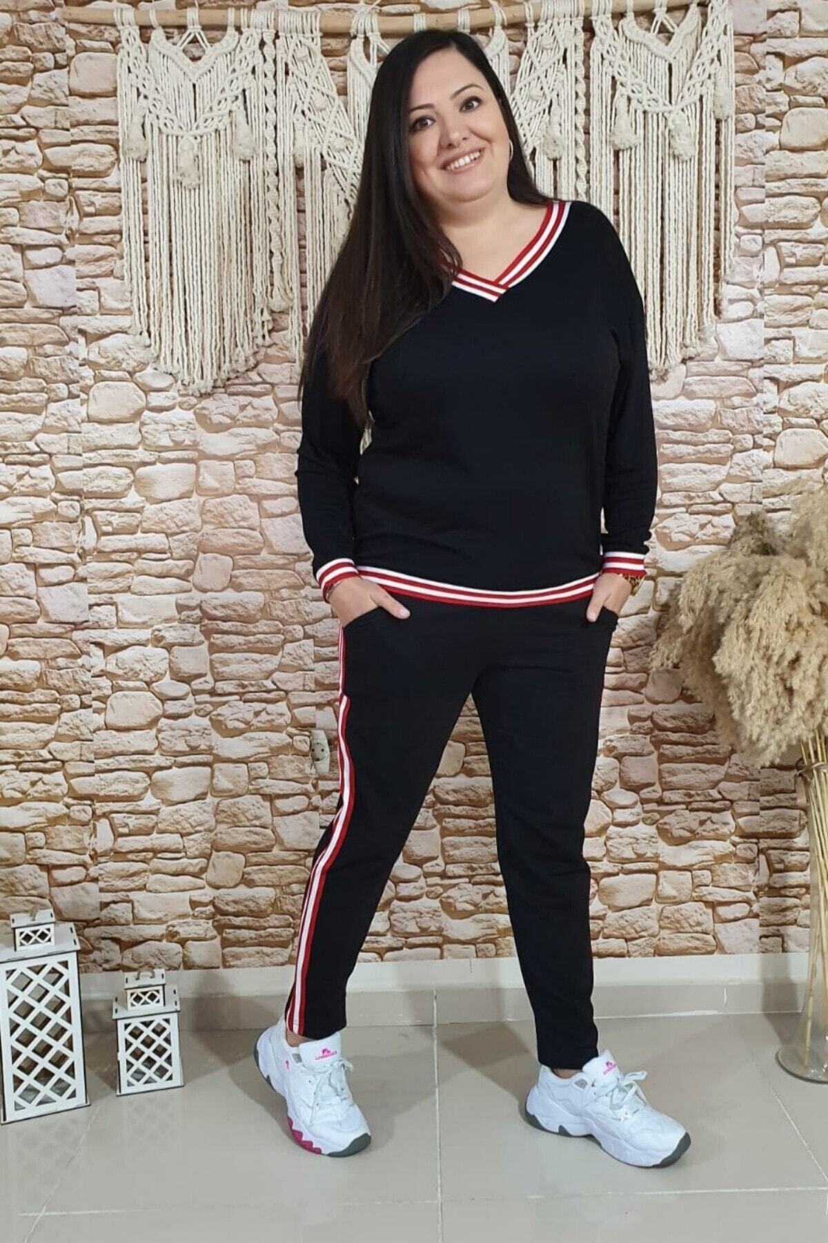 sinemisxxl Kadın Siyah Kırmızı Şerit Detaylı Pamuklu Takım