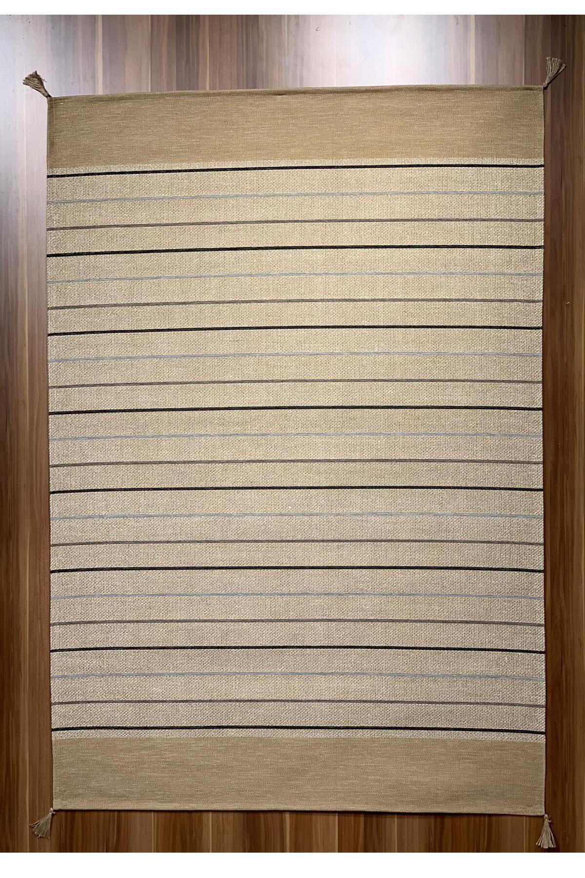 EVİMOD Eko Halı Brooklyn Brk 01 Grey Gri Siyah Püsküllü Hasır Dokulu Dokuma Kilim