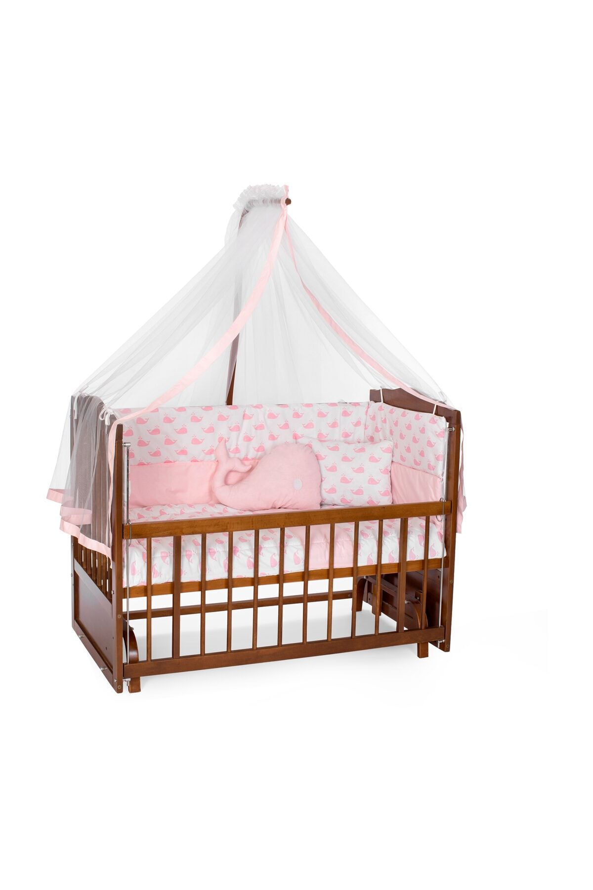 Heyner Ahşap Beşik Anne Yanı Beşik Sallanır Beşik Ceviz 60x120 + Pembe Balina Uyku Seti + Yatak + Tekerlek
