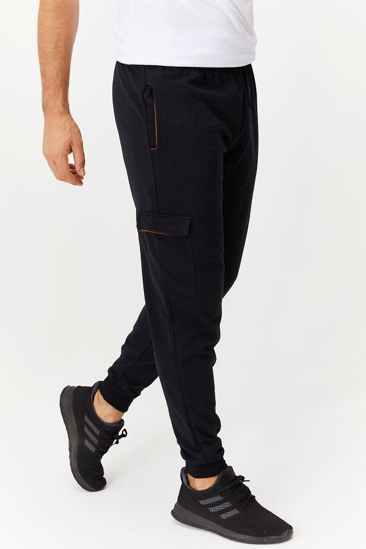 Depovip Erkek Siyah Kargo Cepli Manşetli Eşofman Altı