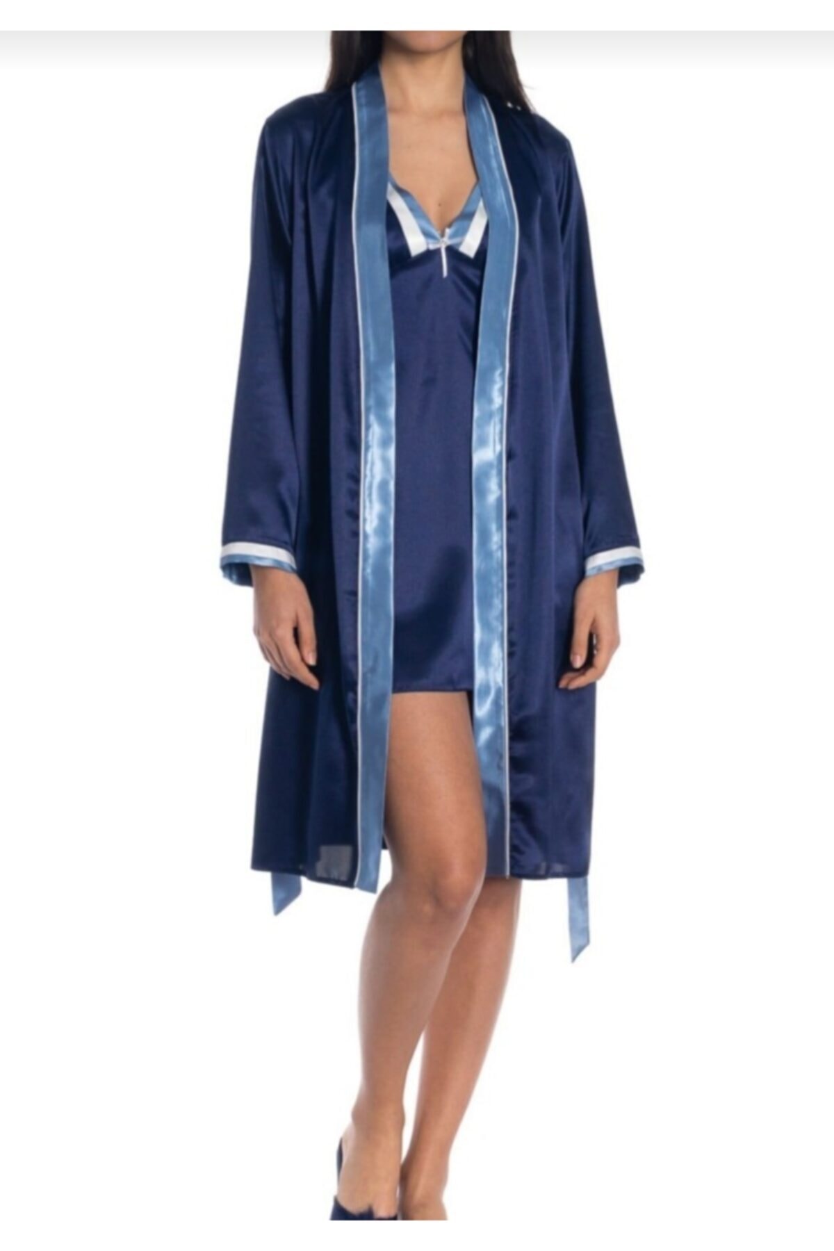 GRAND EFE Kadın Lacivert Saten Gecelik Takımı