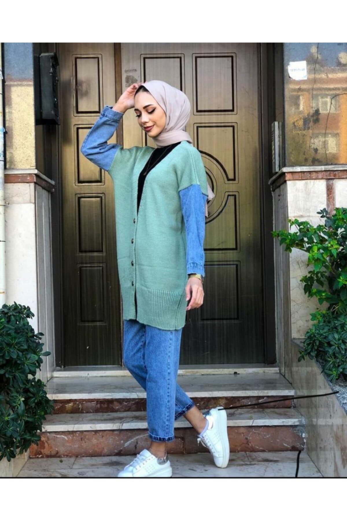 MODA ATLAS Kadın Yeşil Kot Detaylı Triko Hırka
