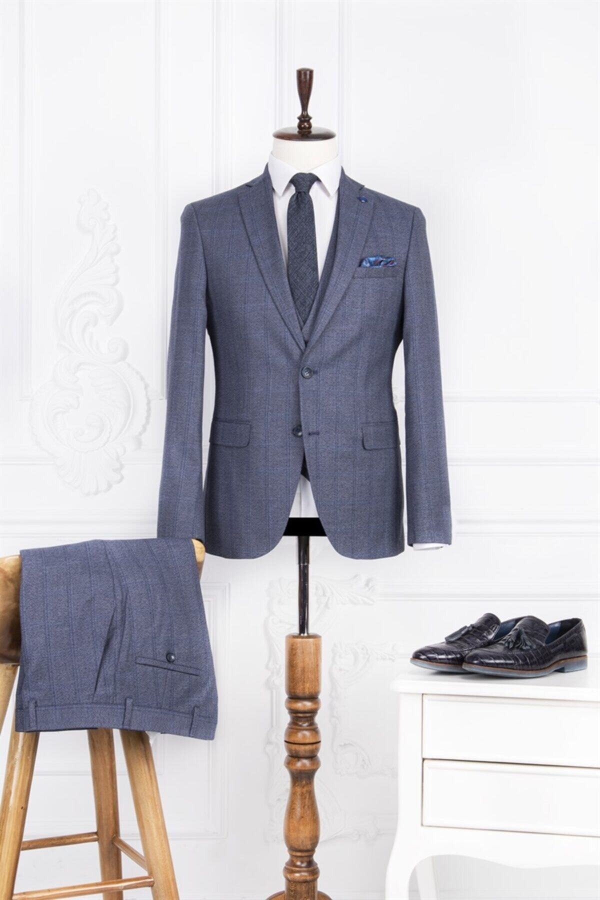 PACO ROMANO Erkek Slim Fit Mono Yaka Lacivert Ekose Yelekli Takım Elbise