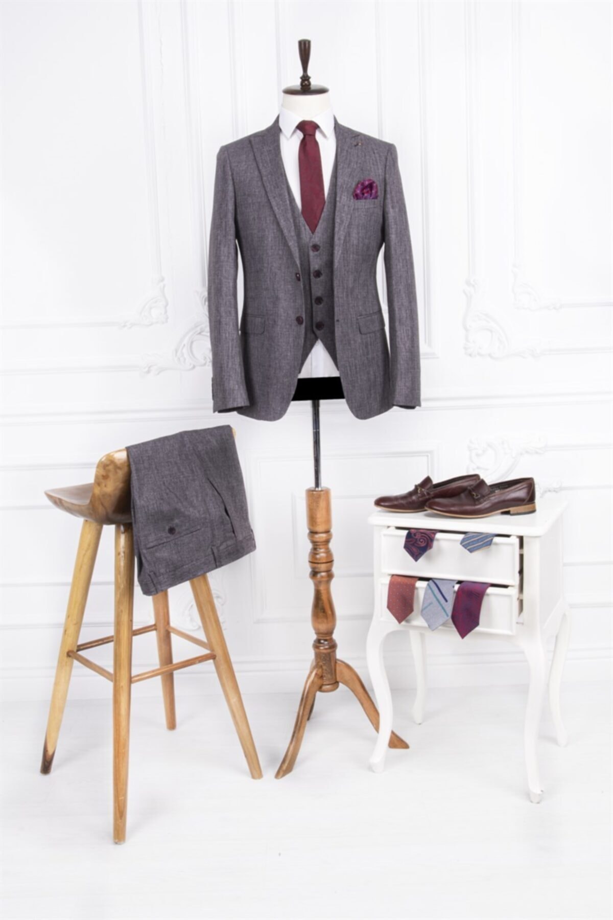 PACO ROMANO Erkek Slim Fit Sivri Yaka Bordo Yelekli 8 Drop Takım Elbise