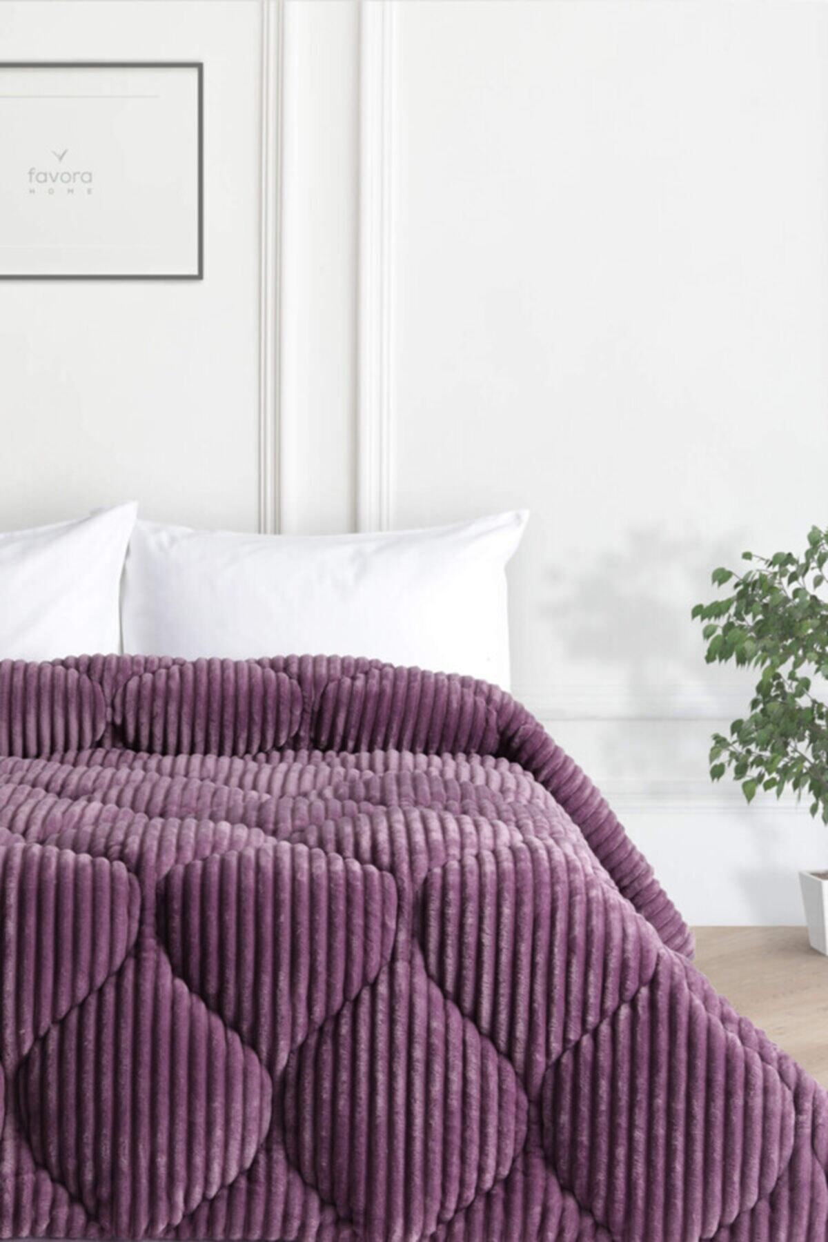 Merinos Fashion Çizgili Çift Kişilik Micro Yorgan - Mor