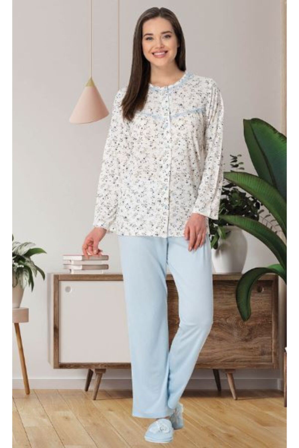 Mecit 5466 Mavi Büyük Beden Önden Düğmeli Kadın Pijama Takımı
