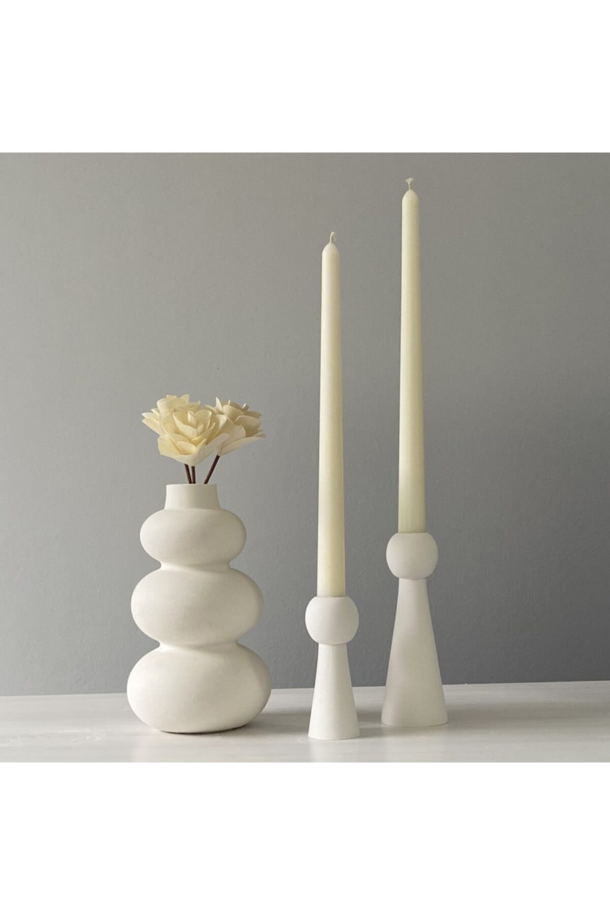 Yorgancı Home & Living Beton Vazo Mumluk Soya Şamdan Mum Ve Yapay Çiçek Seti