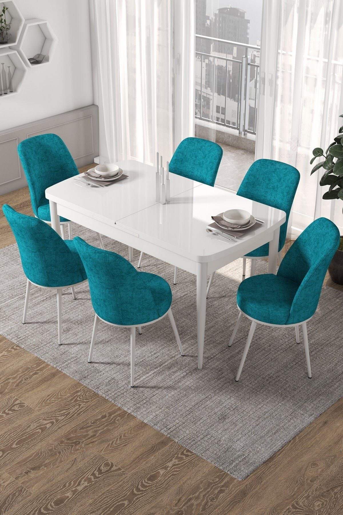 Canisa Concept Kor Serisi 70x114 Açılabilir Beyaz Mutfak Masası Takımı-6 Adet Turkuaz Sandalye