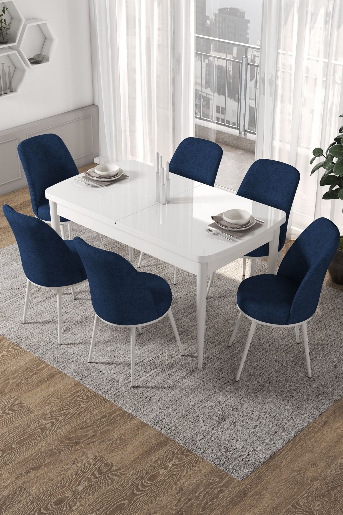 Canisa Concept Kor Serisi 70x114 Açılabilir Beyaz Mutfak Masası Takımı-6 Adet Lacivert Sandalye