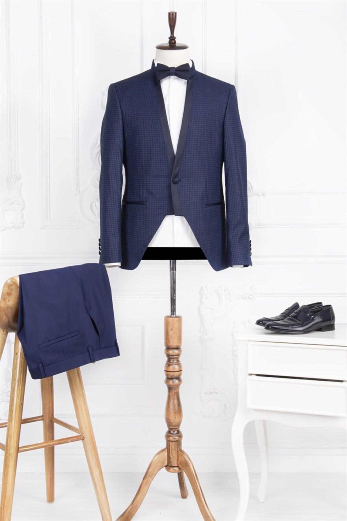 PACO ROMANO Erkek Slim Fit Hakim Yaka Lacivert Damatlık Takım Elbise