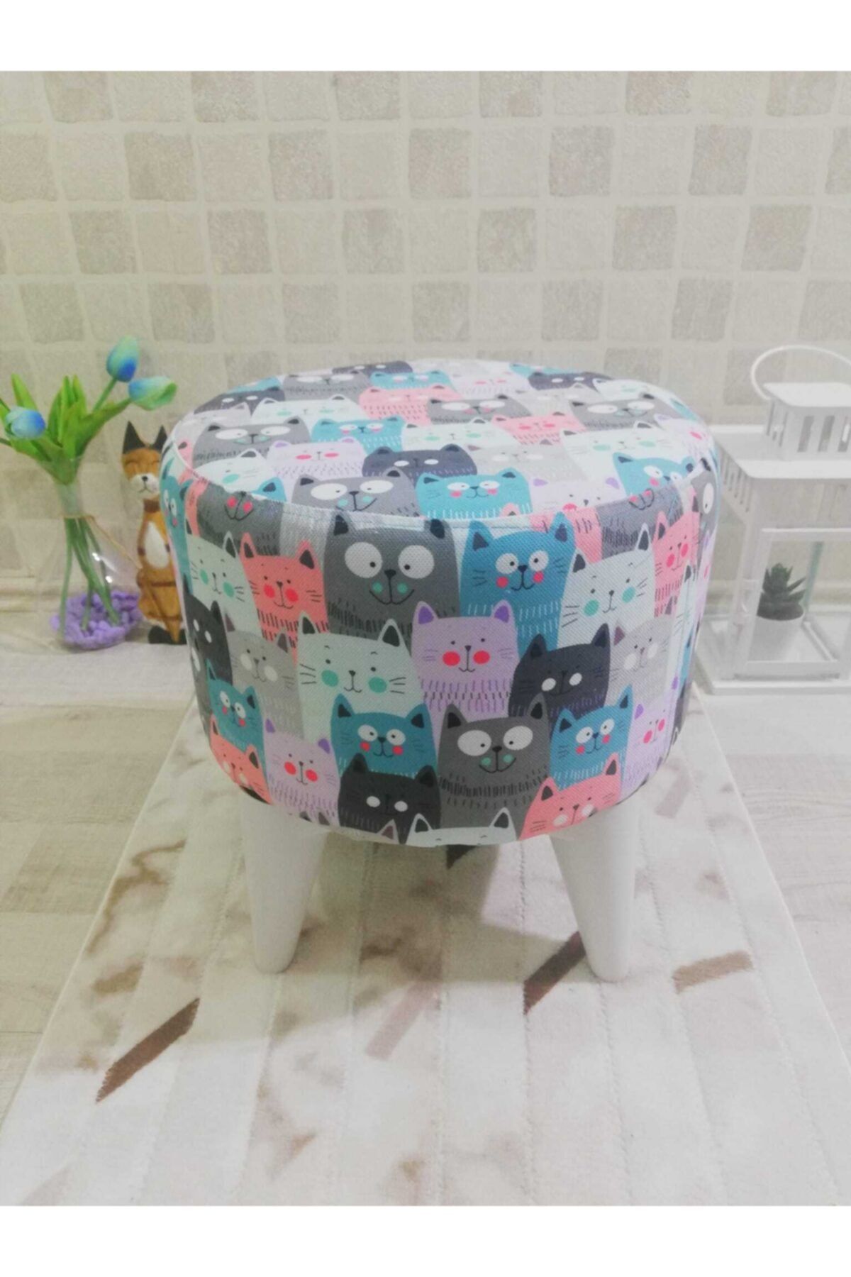 PufyHome Rengarenk Kedi Desenli Maxx Dekoratif Puf Mn2