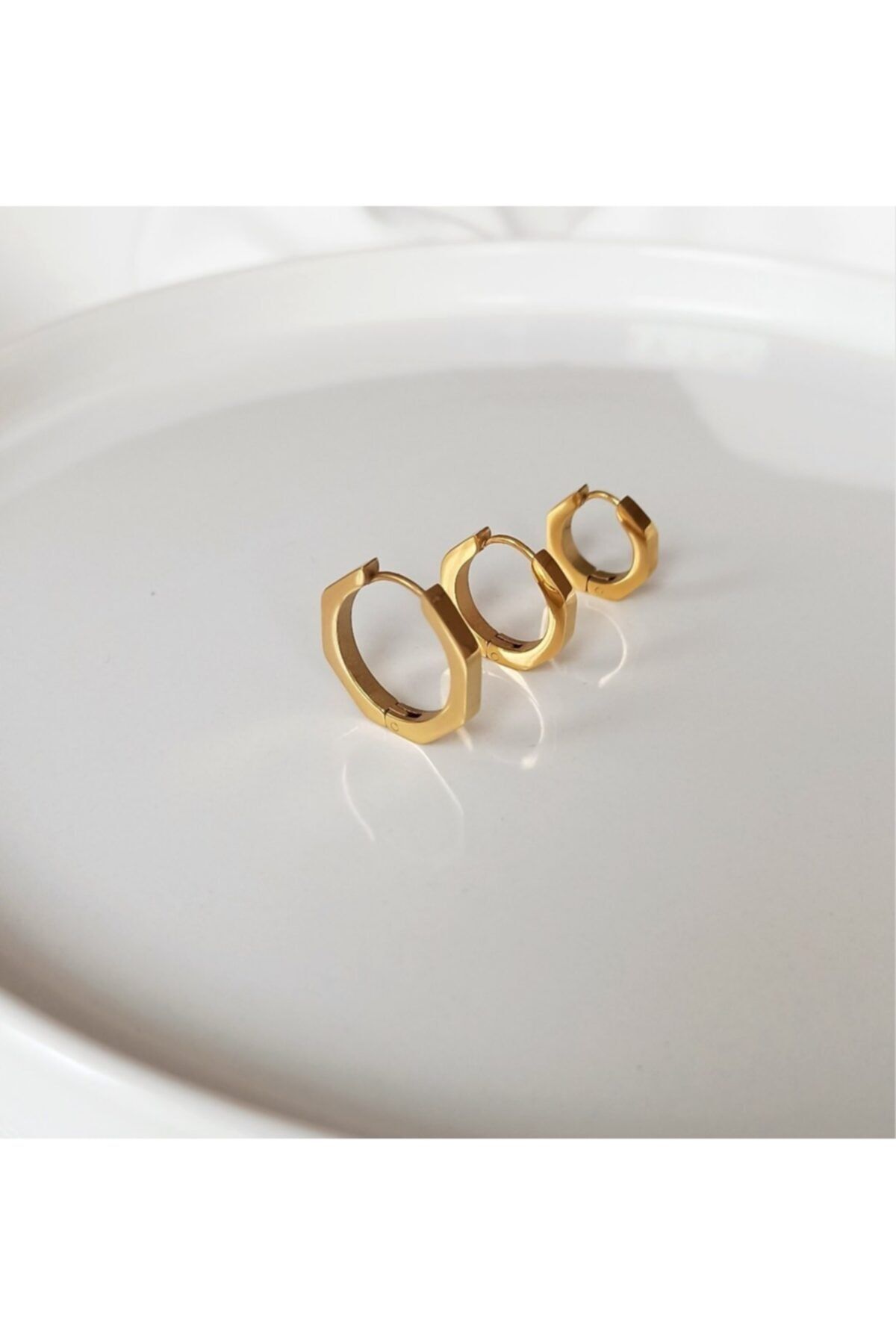 Ginger Takı Çelik Gold Köşeli 3'lü Set Halka Küpe