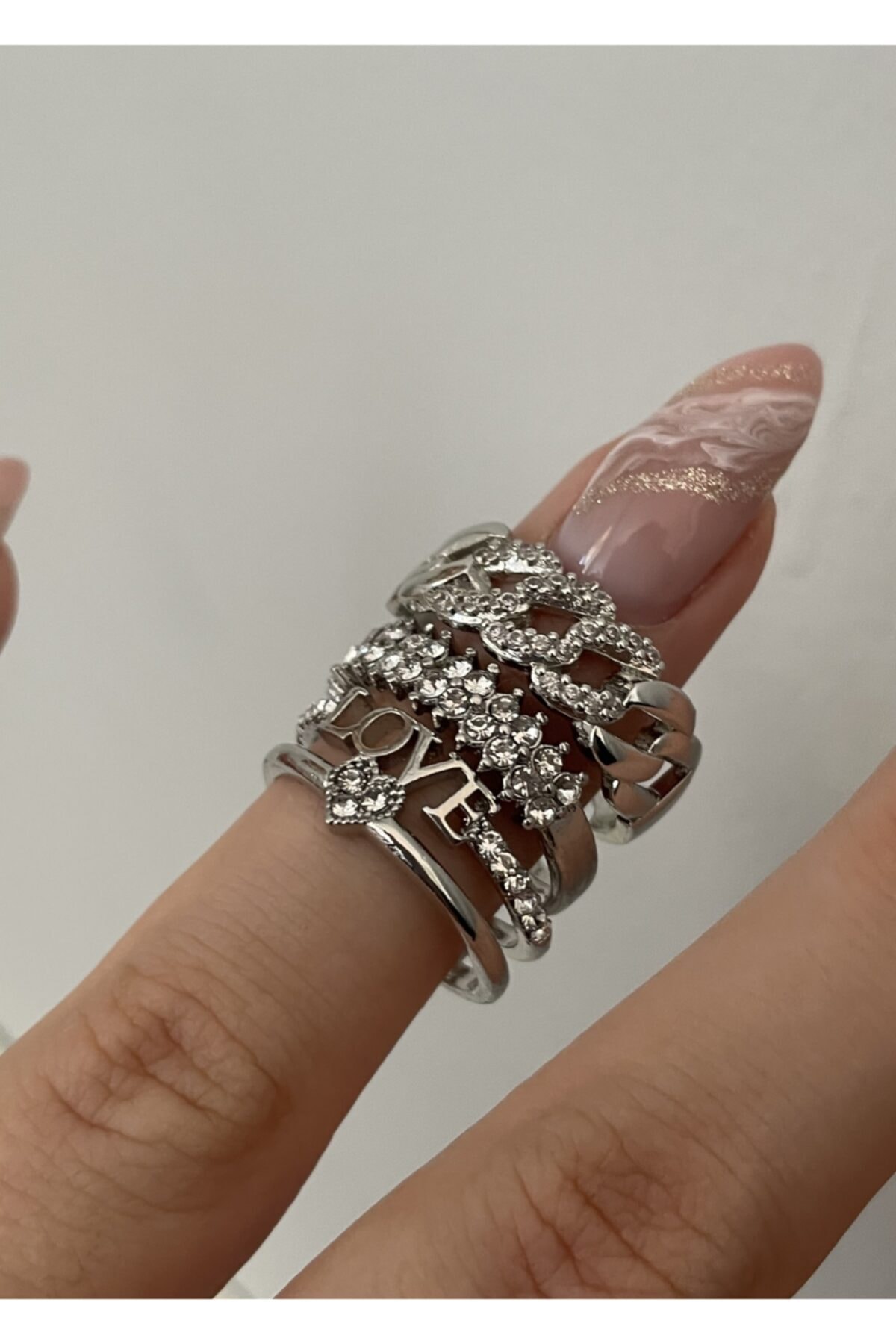 KİLİGİSTANBUL Gümüş Renk Love&zincir 3'lü Yüzük Seti