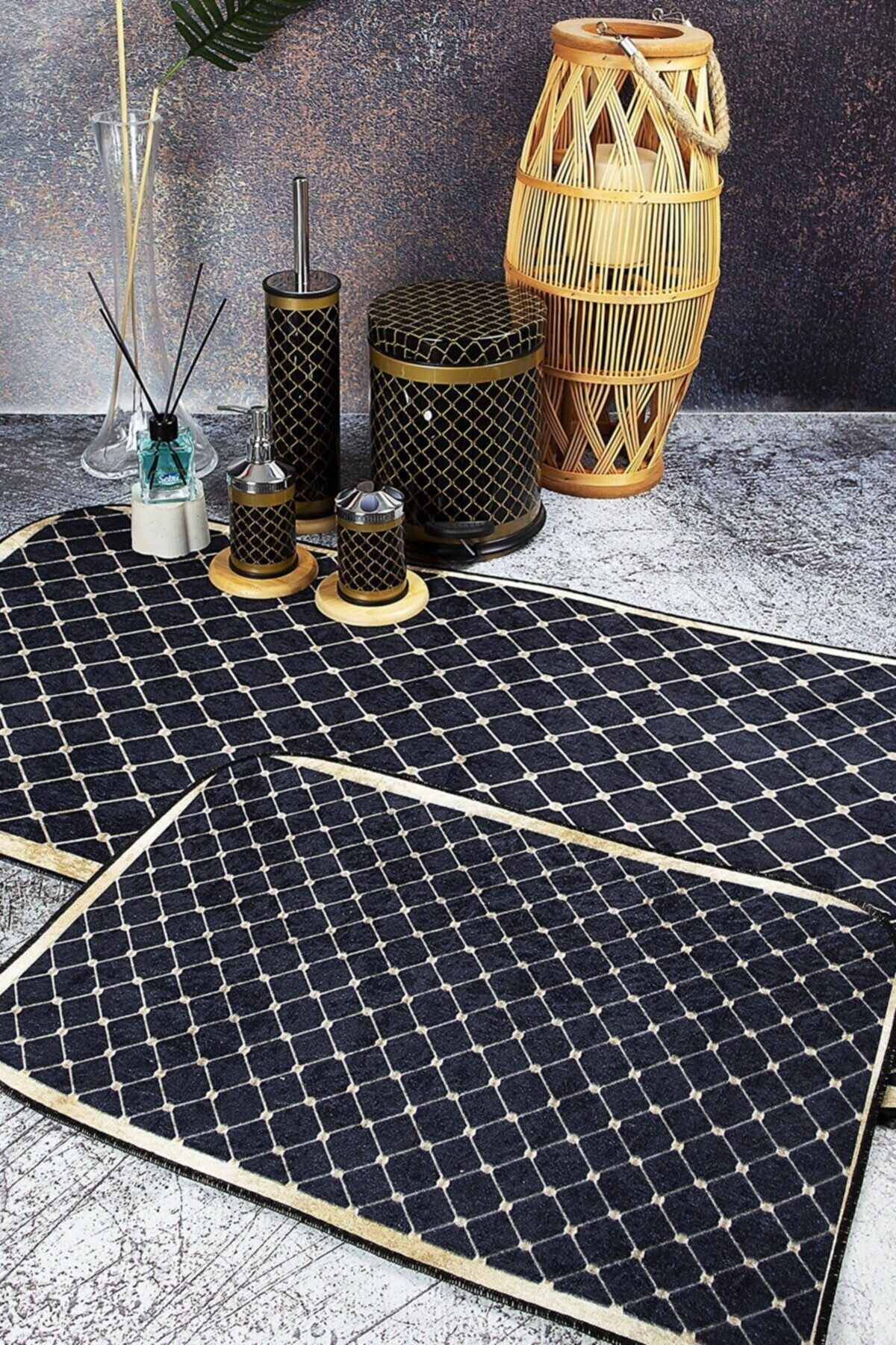vipgross Mermer Desen Paspas Ve 4'lü Mermer Desen Banyo Takımı 07672-dark Marble