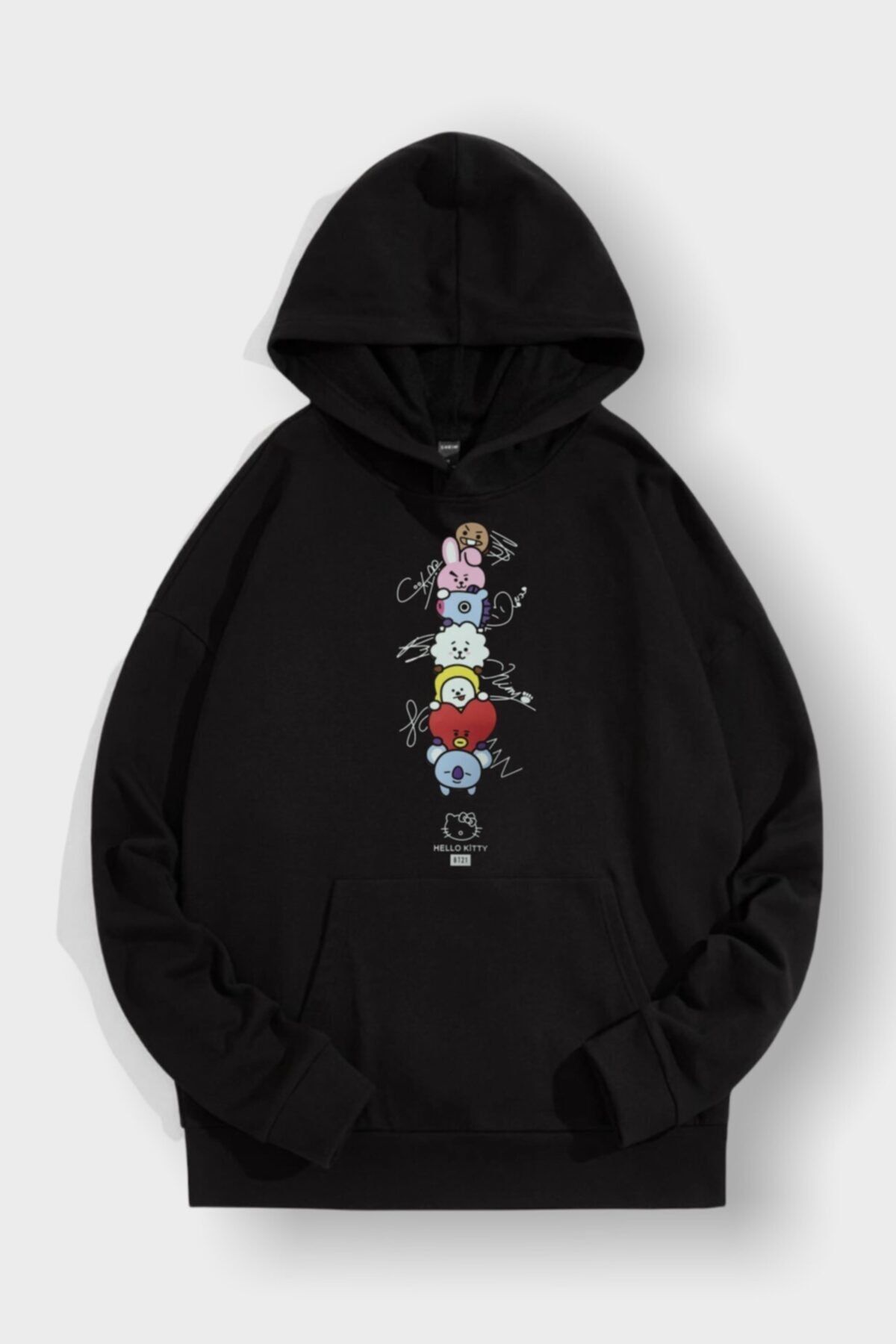 EFBUTİK Siyah Kapüşonlu Bts Imza Hello Kity Sweatshirt