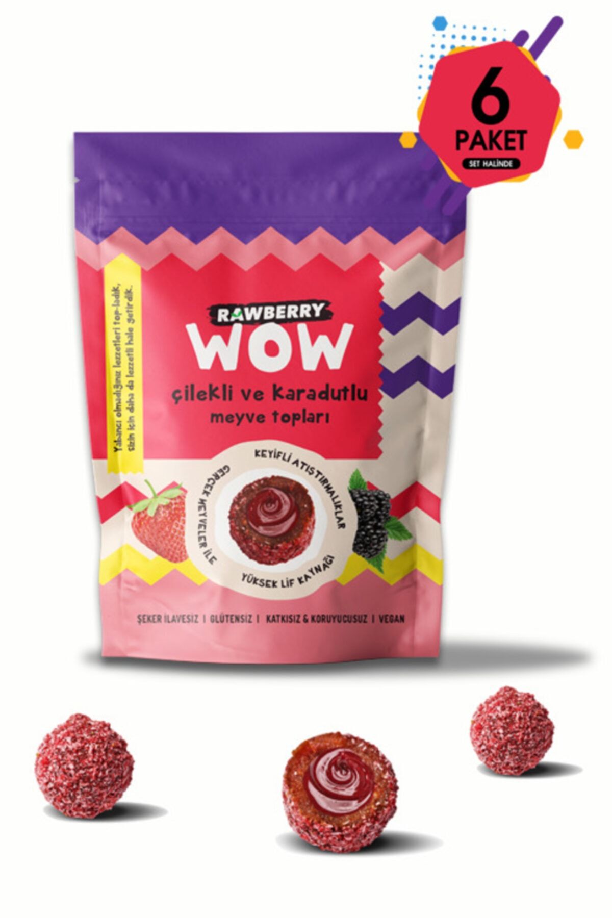 Rawberry Wow - Çilek Ve Karadut Dolgulu Meyve Topu 90gr X 6 Paket Şeker Ilavesiz Vegan Sağlıklı Atıştırmalık