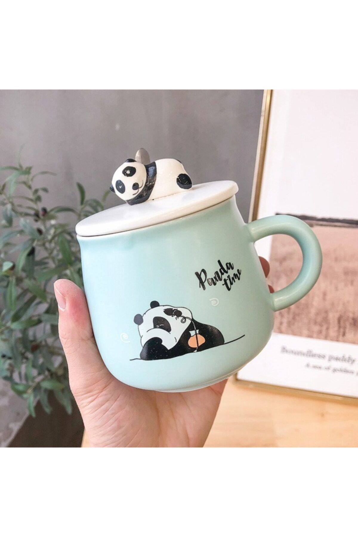 Piraye Hediyelik Eşya 3d Seramik Yeşil Panda Kupa Kapaklı Kaşıklı Bardak Kupa Kahve Fincanı
