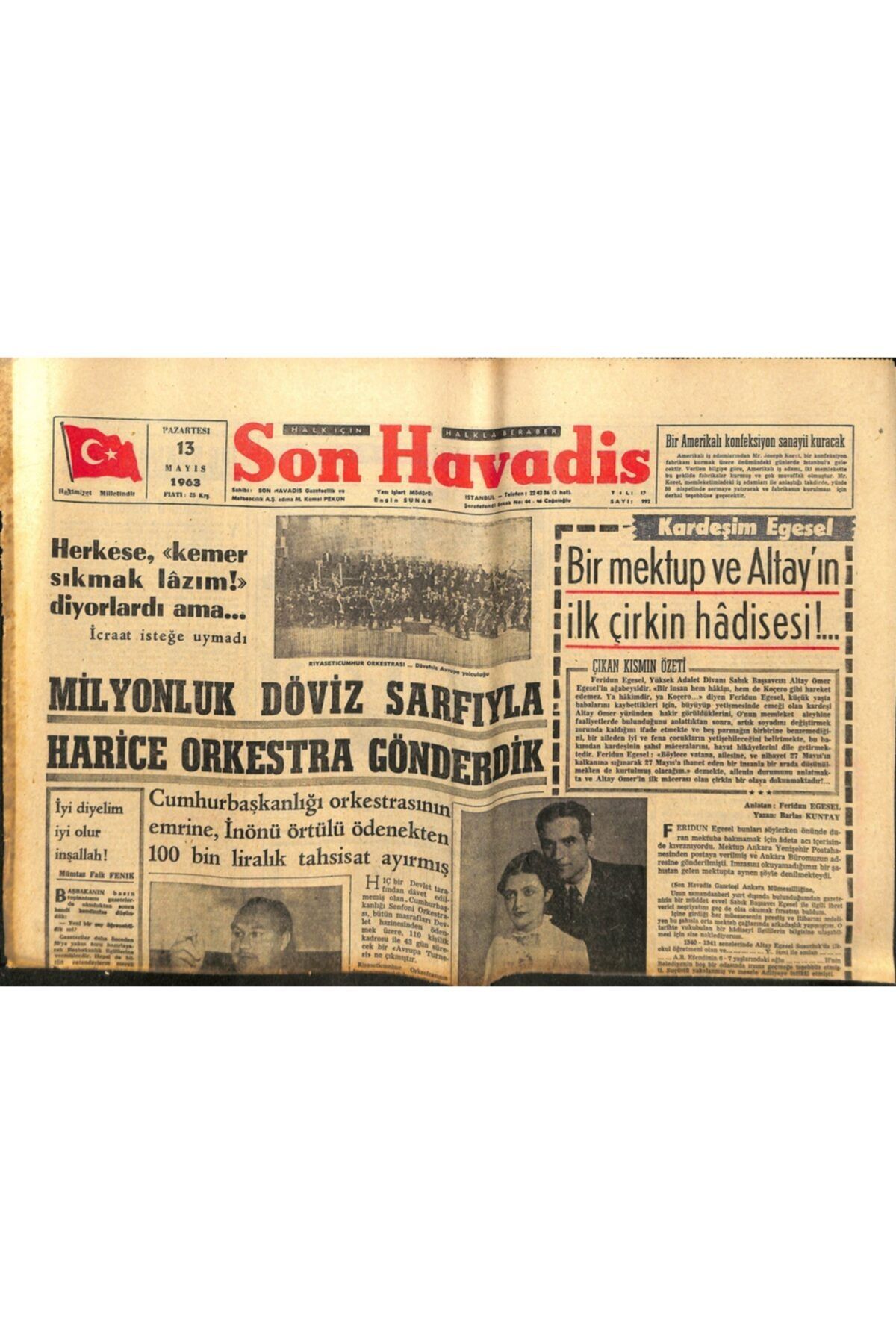 Gökçe Koleksiyon Son Havadis Gazetesi 13 Mayıs 1963 - Fenerbahçe Mağlup Beşiktaş Galip