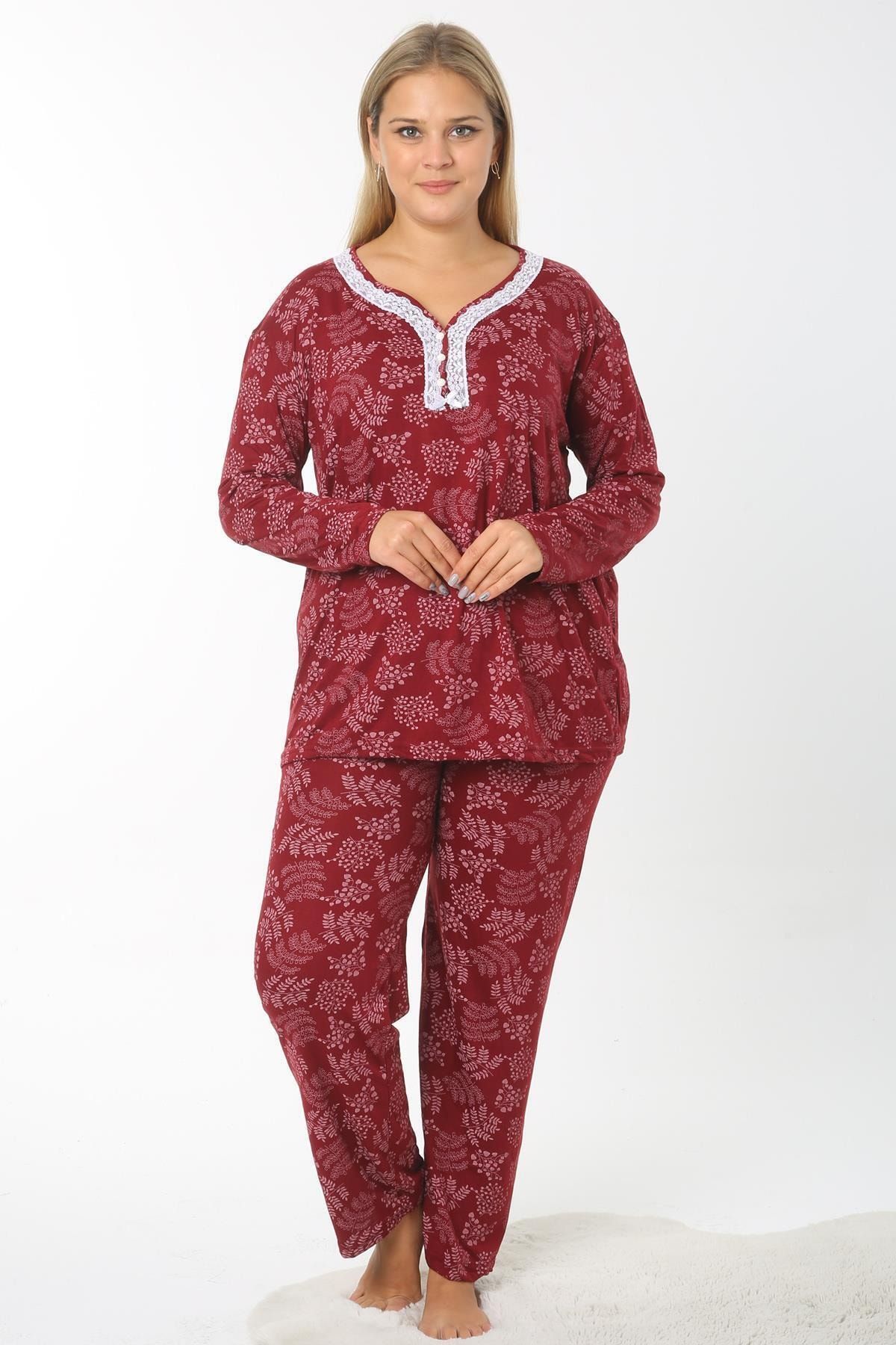 Ladies First Büyük Beden 8113 Bordo Pijama Takım Desenli Likralı Doğal Kumaştan Uzun Kollu