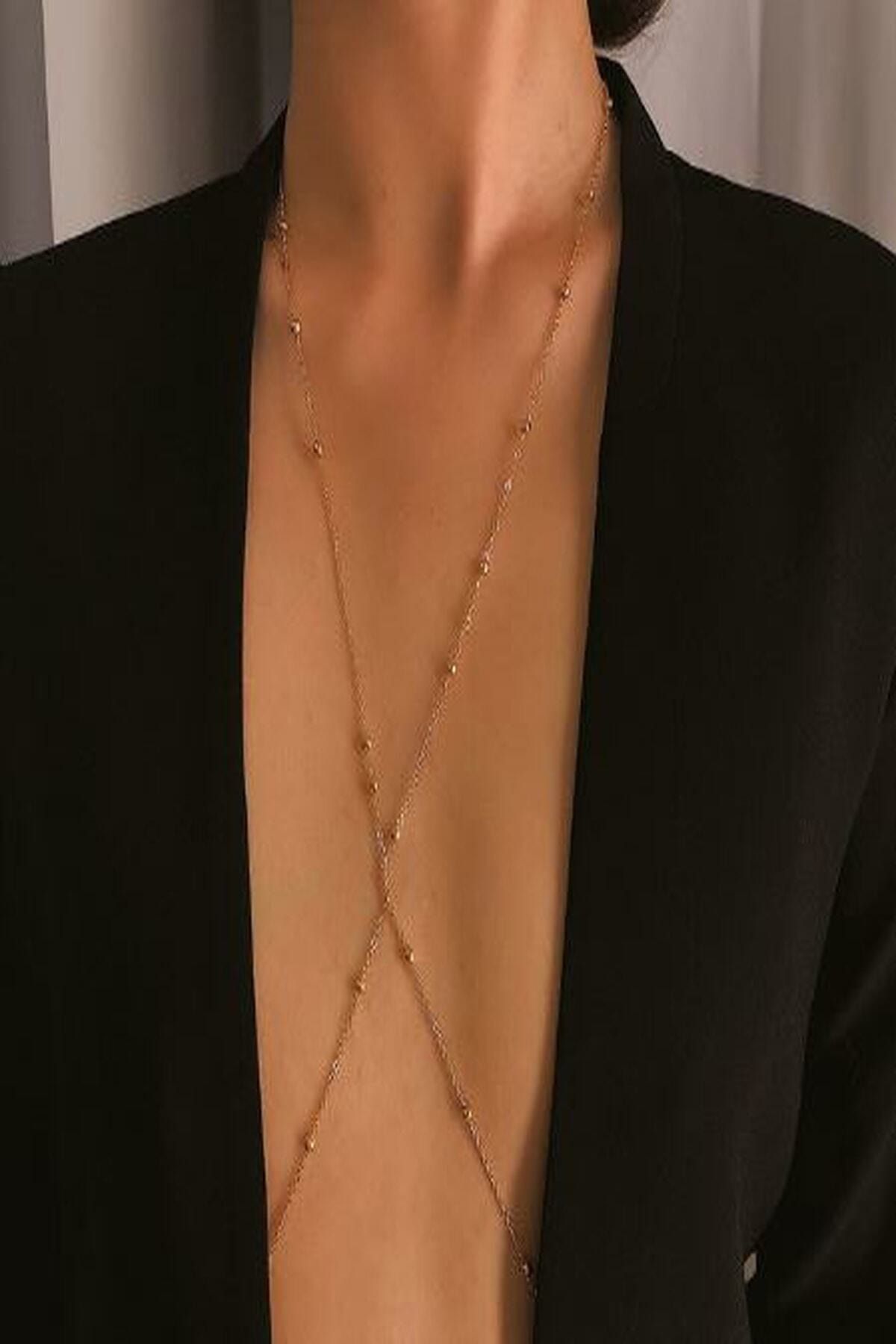 Huban Takı Aksesuar Tekstil Kararmaz Top Boncuklu Çapraz Stylish Vücut Zinciri, Vücut Takısı - Gold