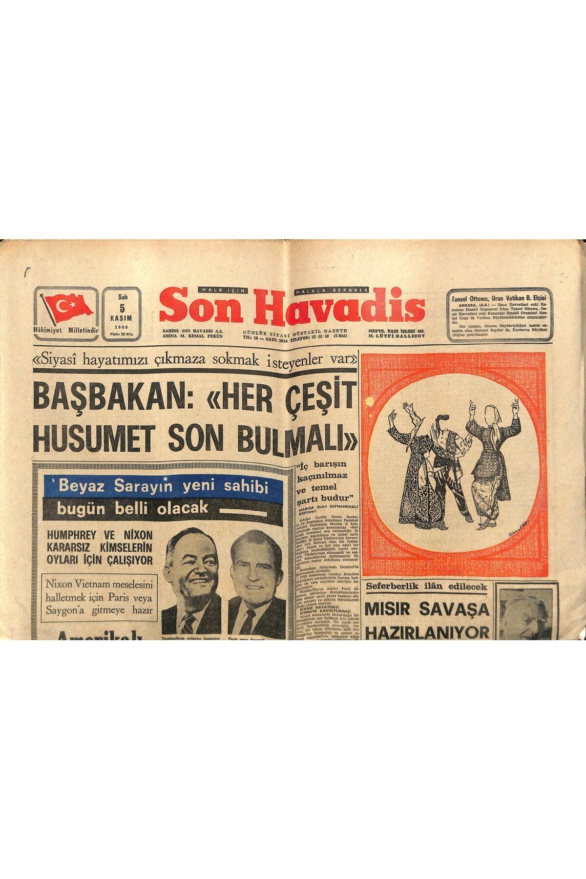 Gökçe Koleksiyon Son Havadis Gazetesi 5 Kasım 1968 - Mısır Savaşa Hazırlanıyor