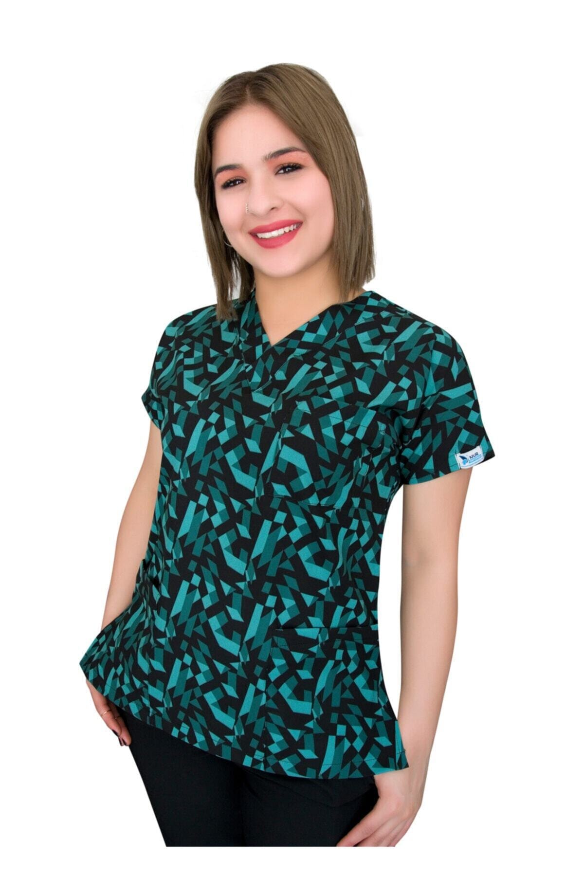 Nur Medikal Giyim Unisex Geometrik Desen Cerrahi Doktor Hemşire Tek Üst Forma