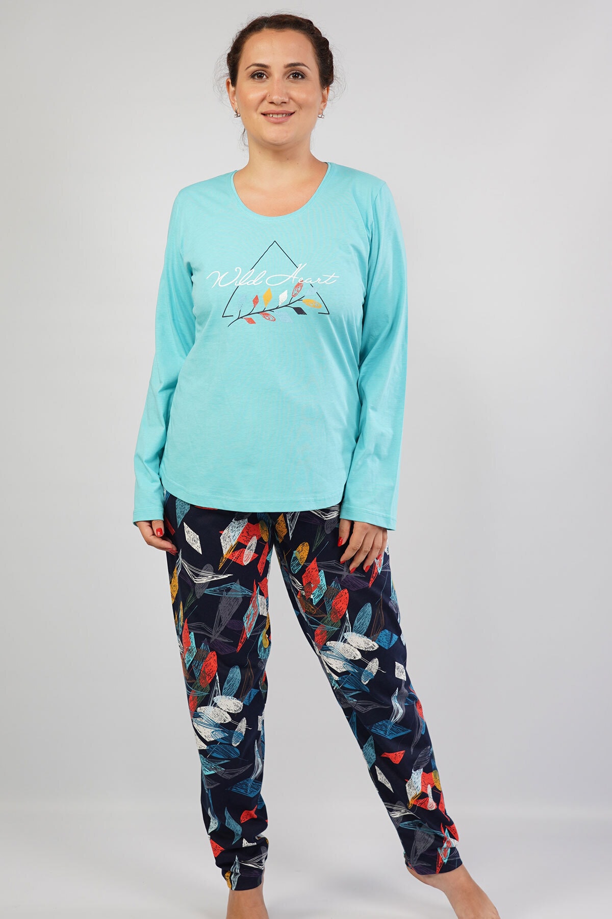 VİENETTA Kadın P.suprem Uzun Kol Büyük Beden Koyu Mint Pijama Takım