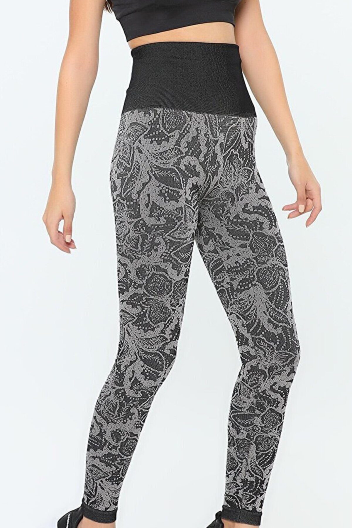 Sizce Moda Siyah Desenli Extra Yüksek Bel Toparlayıcı Korse Kadın Seamless Tayt