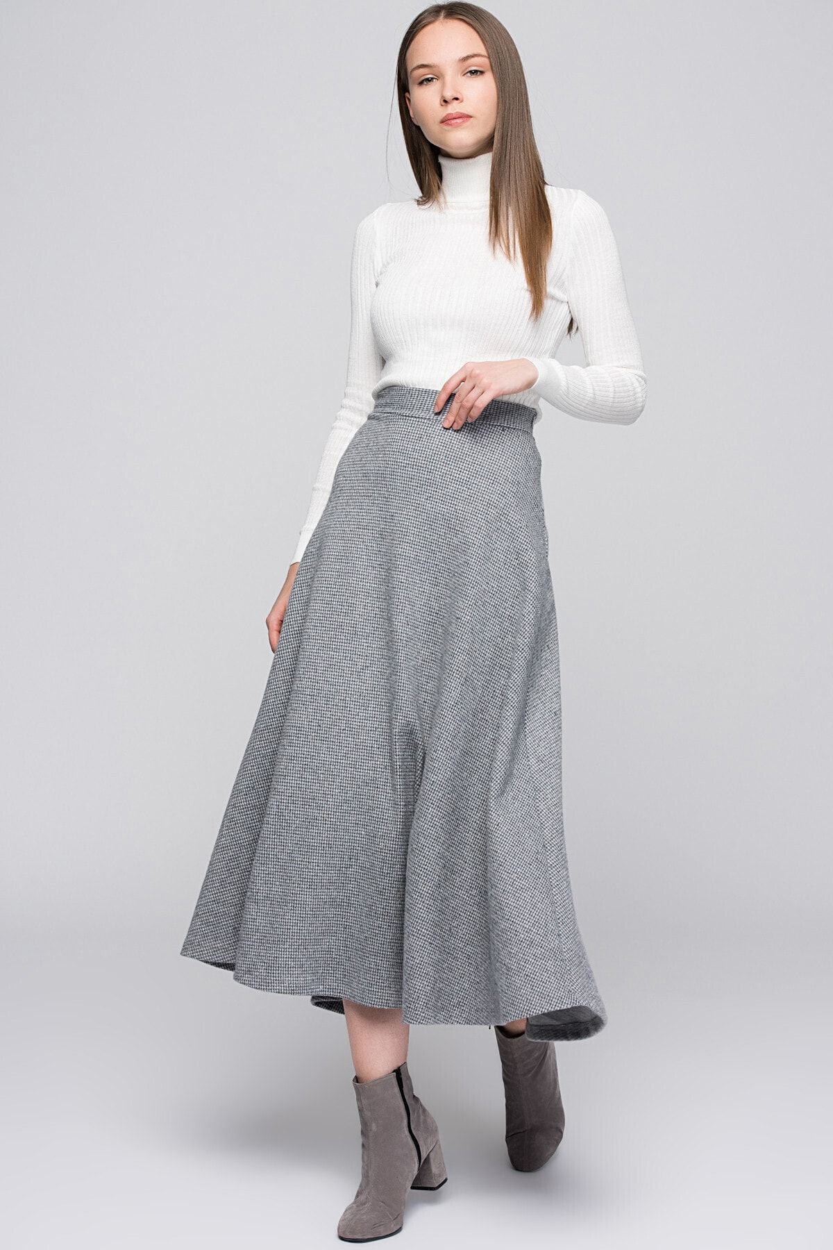 Cotton Mood Fermuarlı Volanlı Uzun Etek Gri