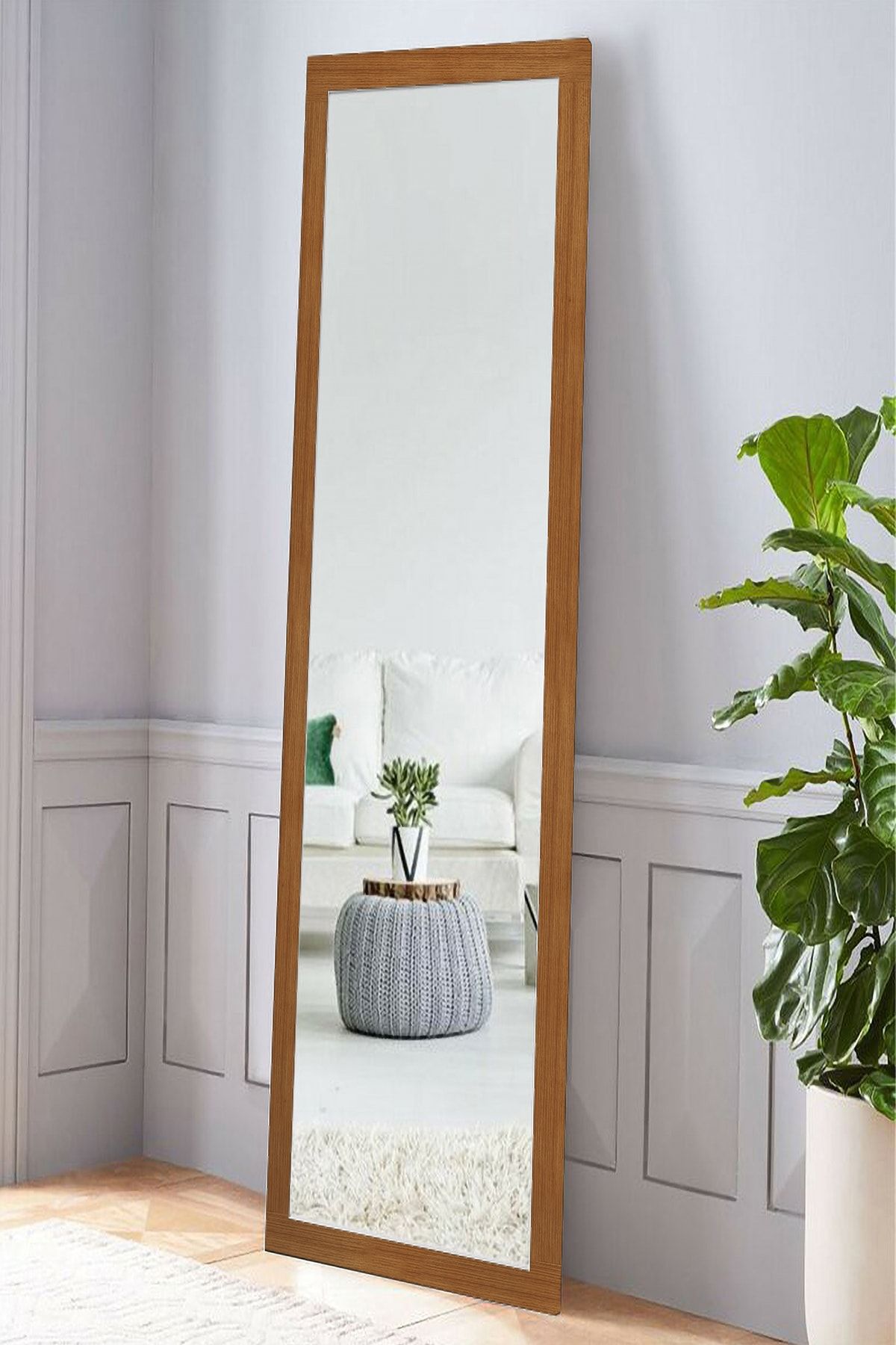 Hüma's 160 x 58 cm Teak Rengi Ahşap Dekoratif Retro Boy ve Duvar Aynası