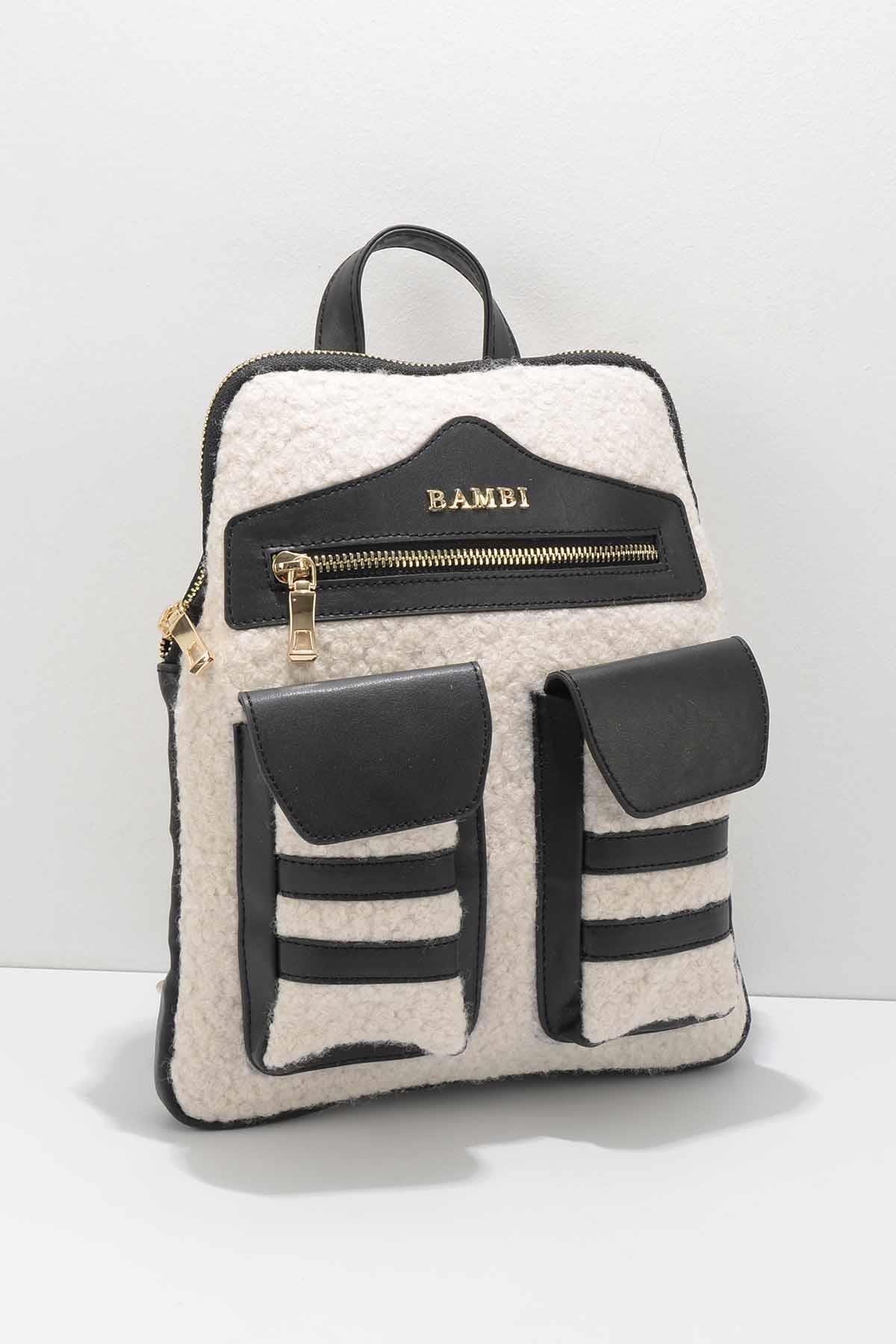 Bambi Bej Kürklü Kadın Sırt Çantası C06617622197
