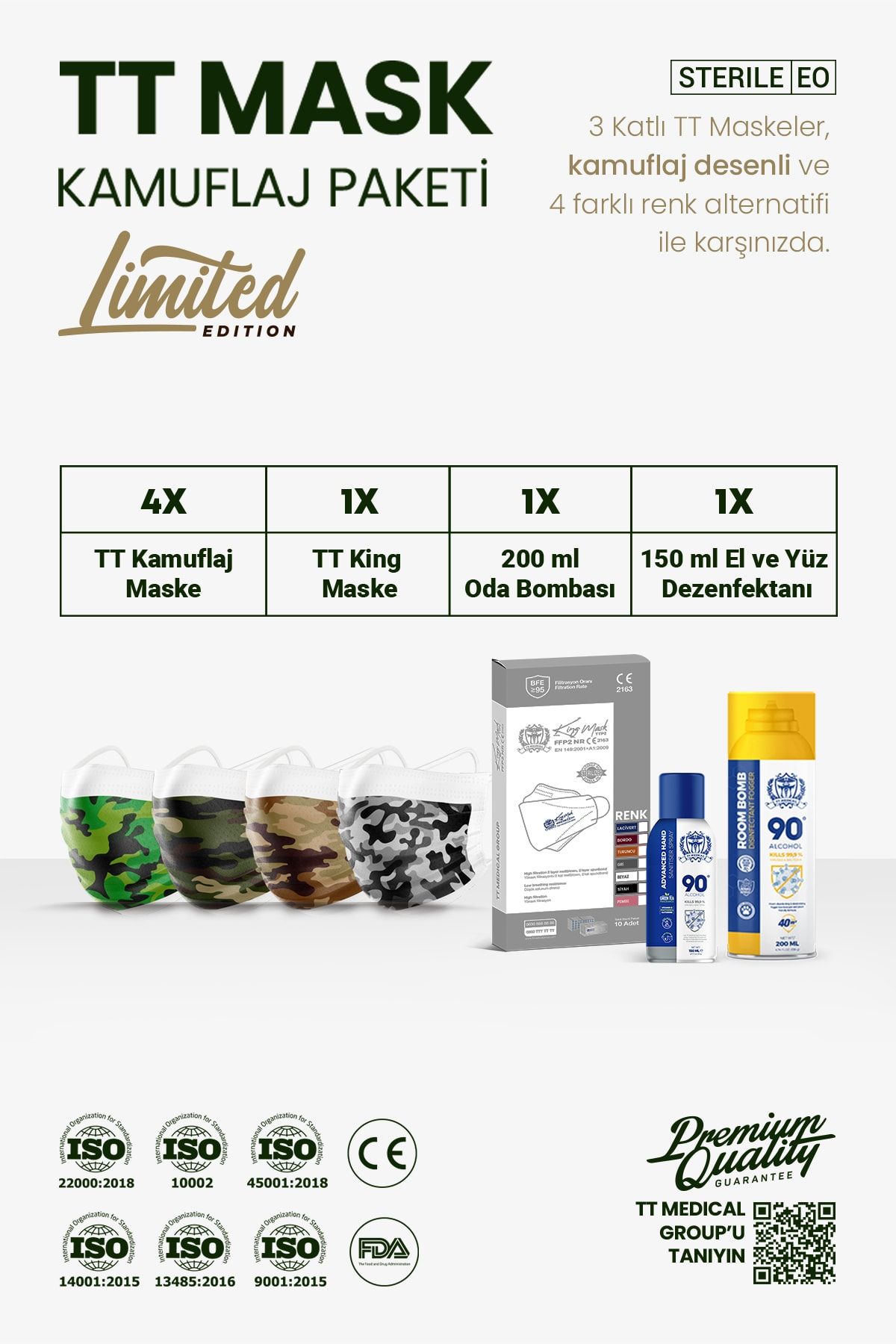 TTMedical 4'lü Set Kamuflaj Yüz Maskesi+10 King Maske+antibakteriyel El Ve Yüzey Sprey+oda Bombası Kutusu