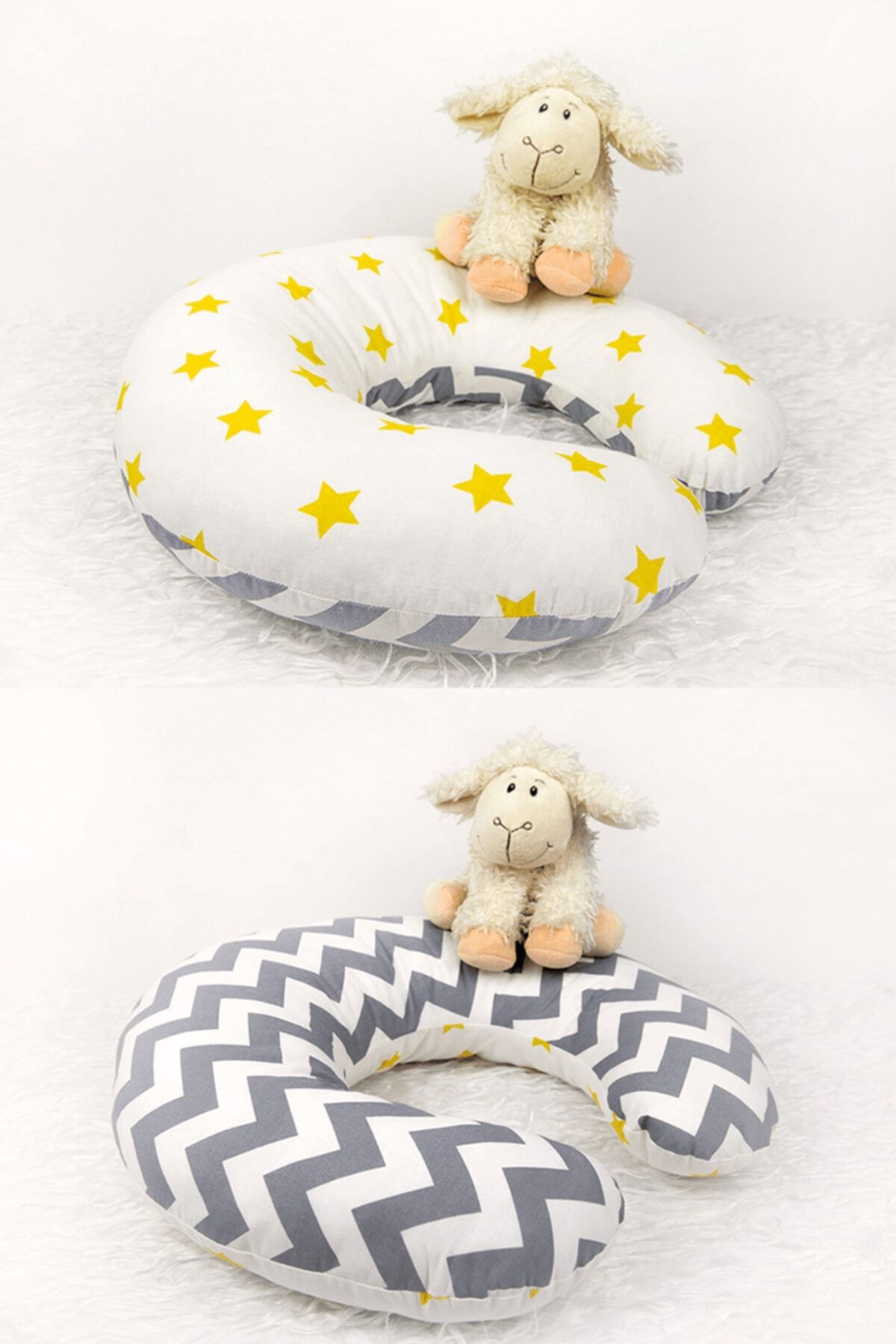 Babynest Emzirme Yastığı Ve Destek Minderi Sarı Yıldız Ve Gri Zikzak