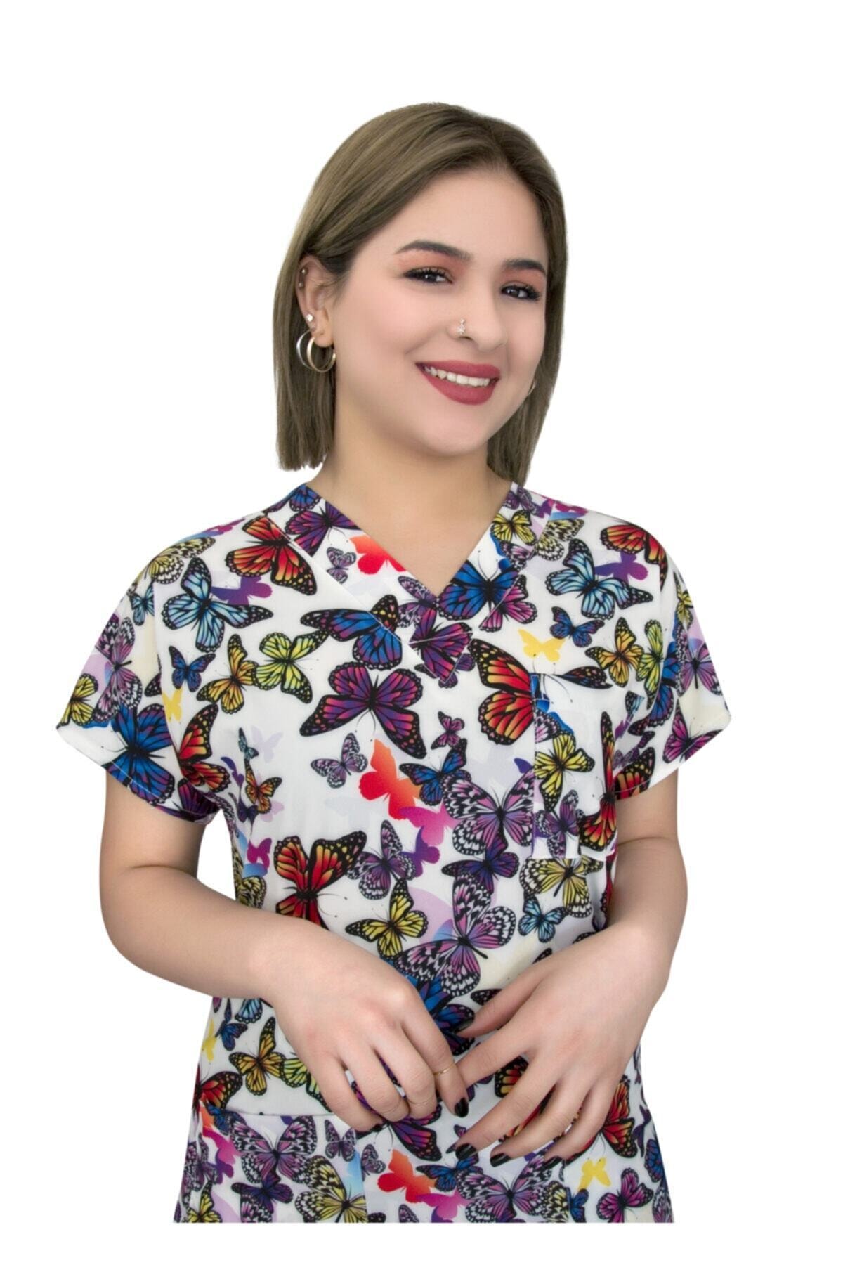 Nur Medikal Giyim Unisex Mor Kelebekli Tek Üst Forma