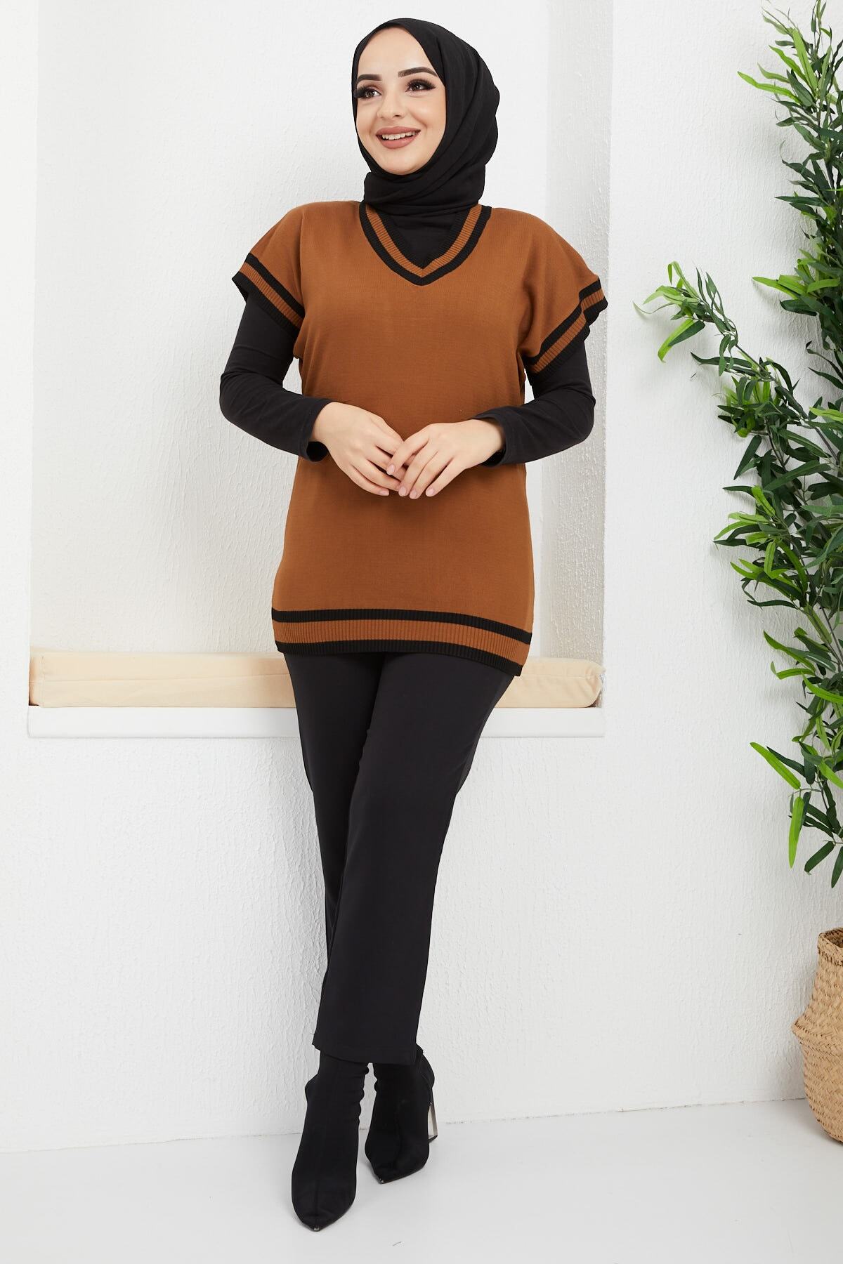 İmajButik Şerit Detaylı Triko Süveter/kahverengi