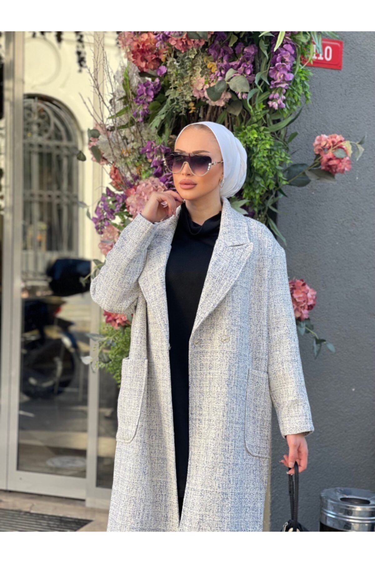 MAHPEYKERSTİL Kadın Krem Mavi Şal Yaka Tüvit Kaban