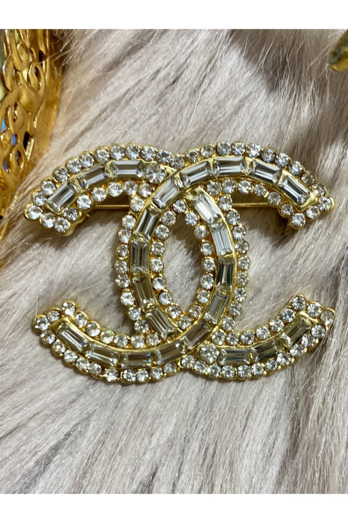 HANİMEFENDY AKSESUAR Gold Büyük Boy Zirkon Işleme Chanel Broş