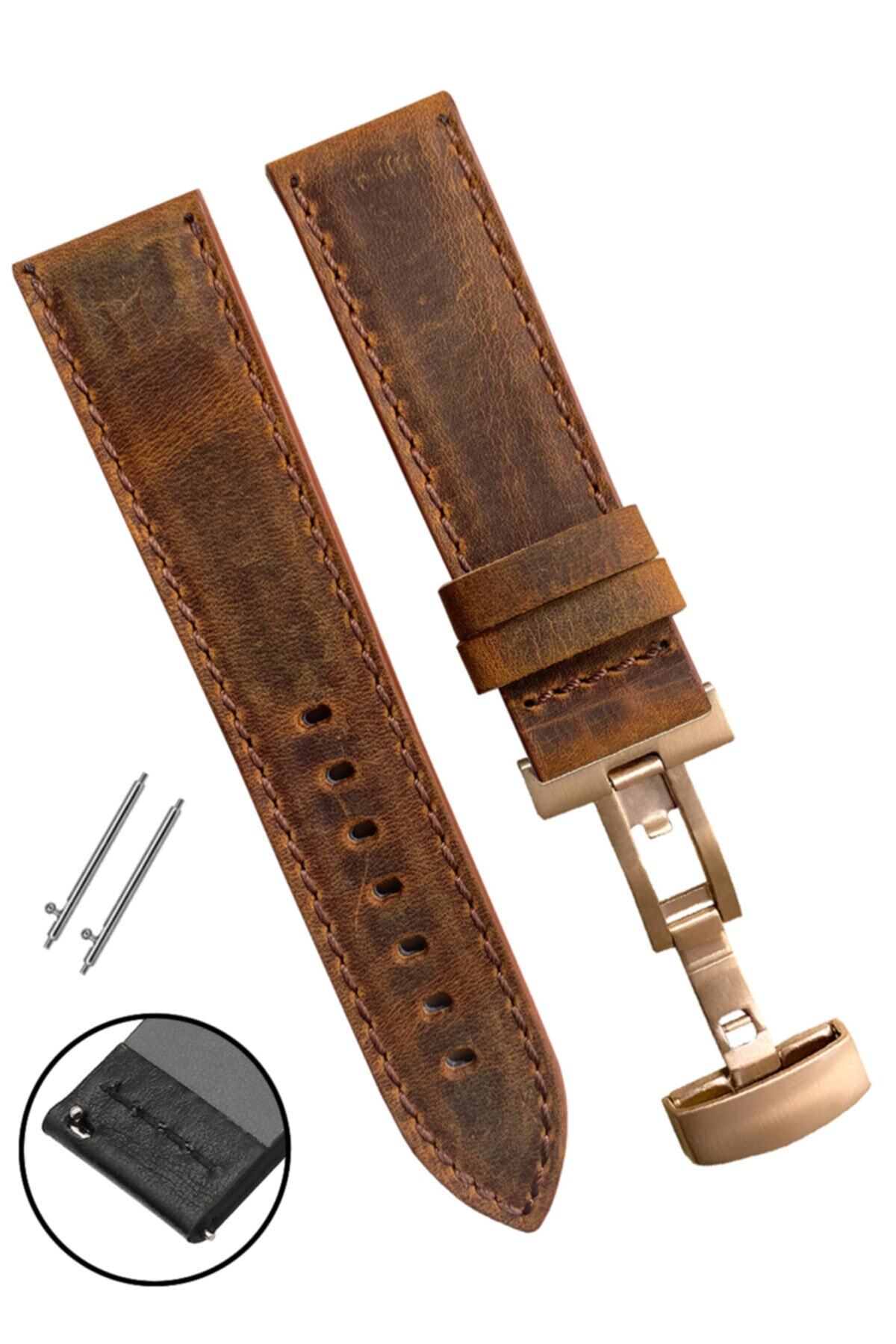 WELDER MOODY Saat Uyumlu 20mm Camel Renk Rosegold Renk Klipsli Hakiki Crazy Deri Saat Kordonu