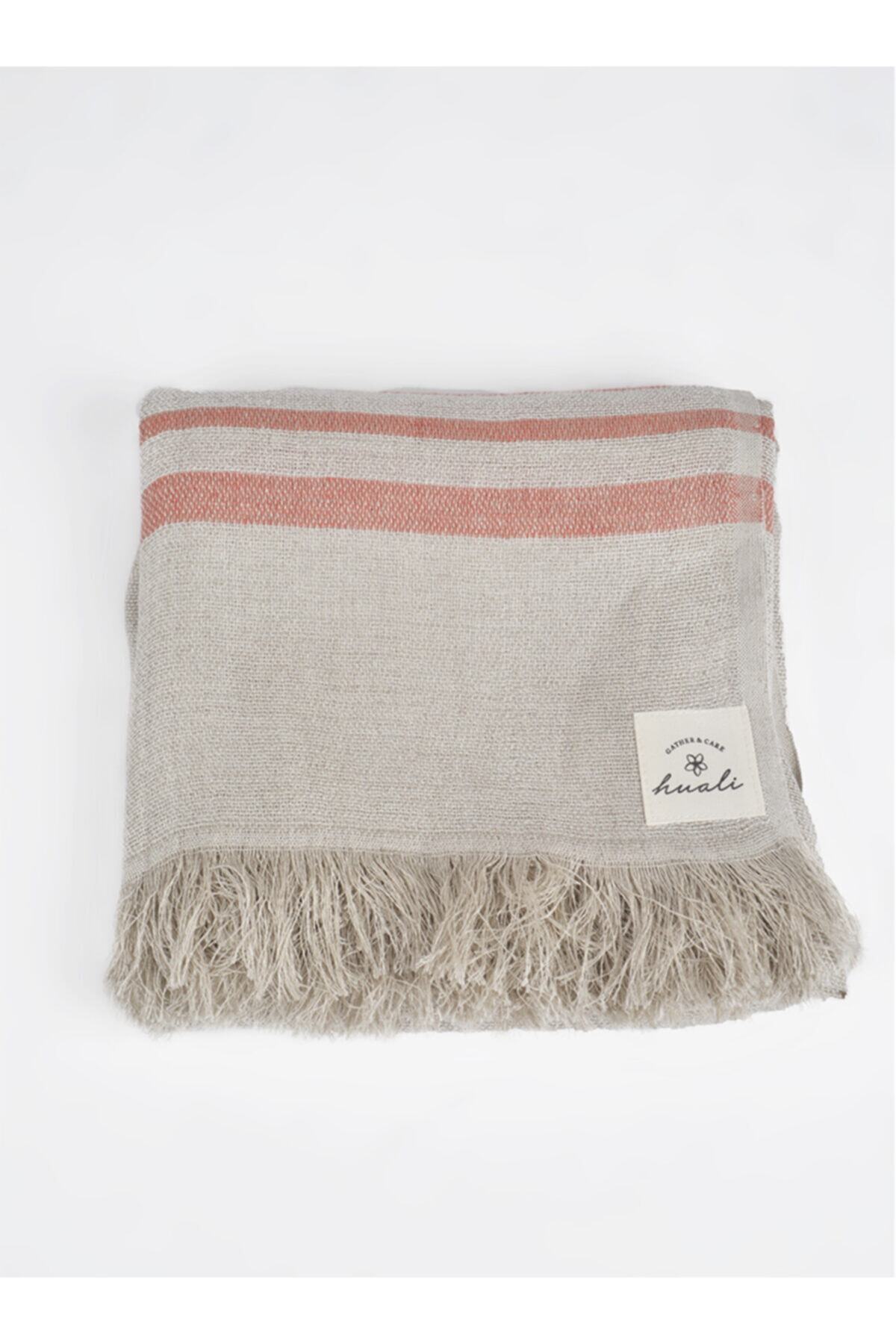 Huali Keten Peştamal %80 Saf Keten %20 Pamuk 90x180cm Ekru Turuncu Çizgili