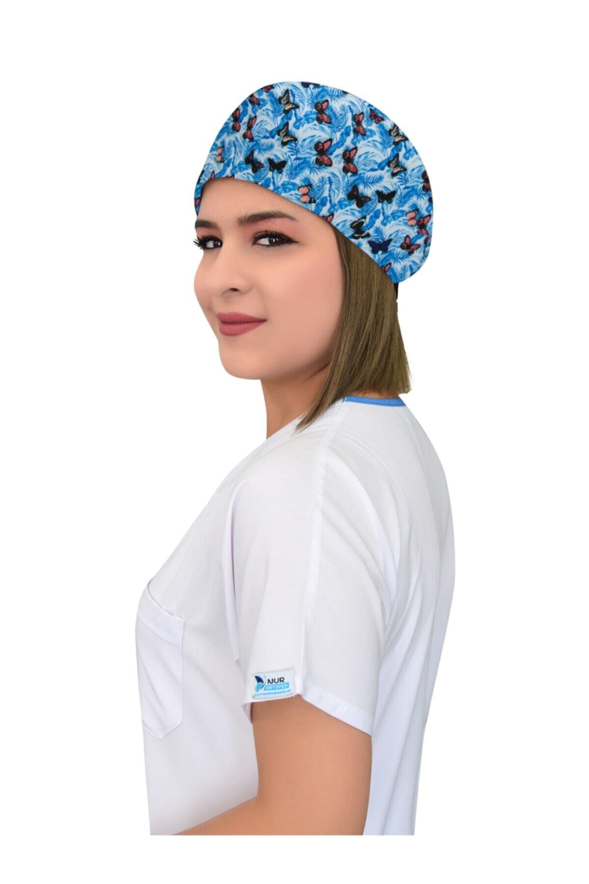 Nur Ortopedi Buz Mavisi Kelebekler Temalı Cerrahi Doktor Hemşire Bonesi
