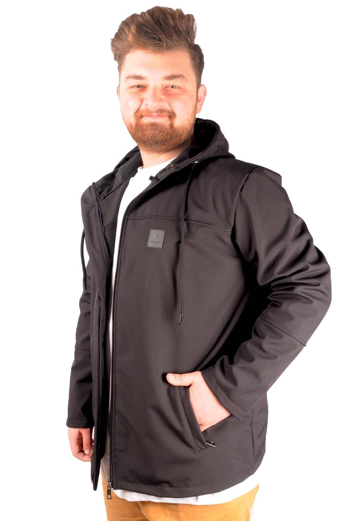 ModeXL Erkek Softshell Parcalı Kapsonlu Mont 21235 Siyah
