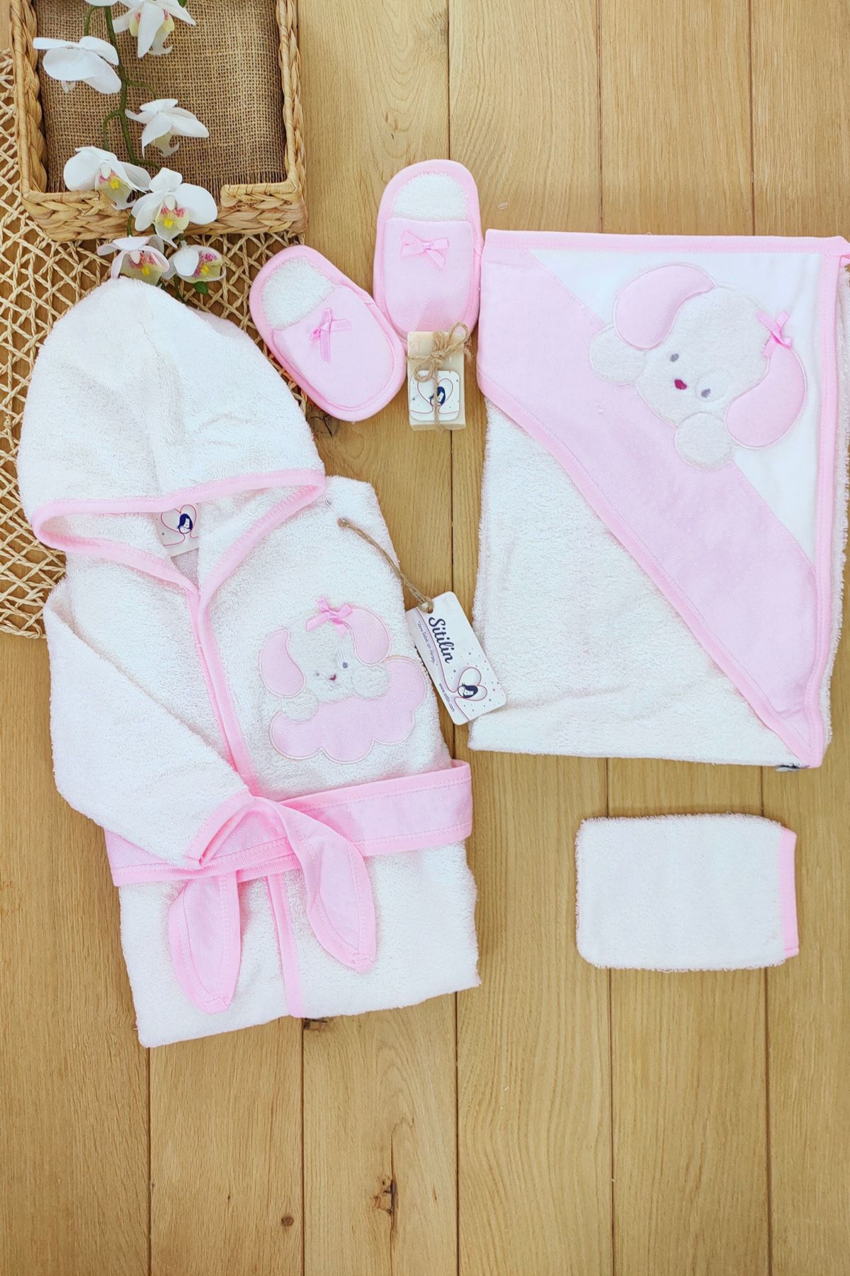 Sitilin Kız Bebek Çocuk Kapşonlu Pembe Bornoz Havlu Takımı Seti